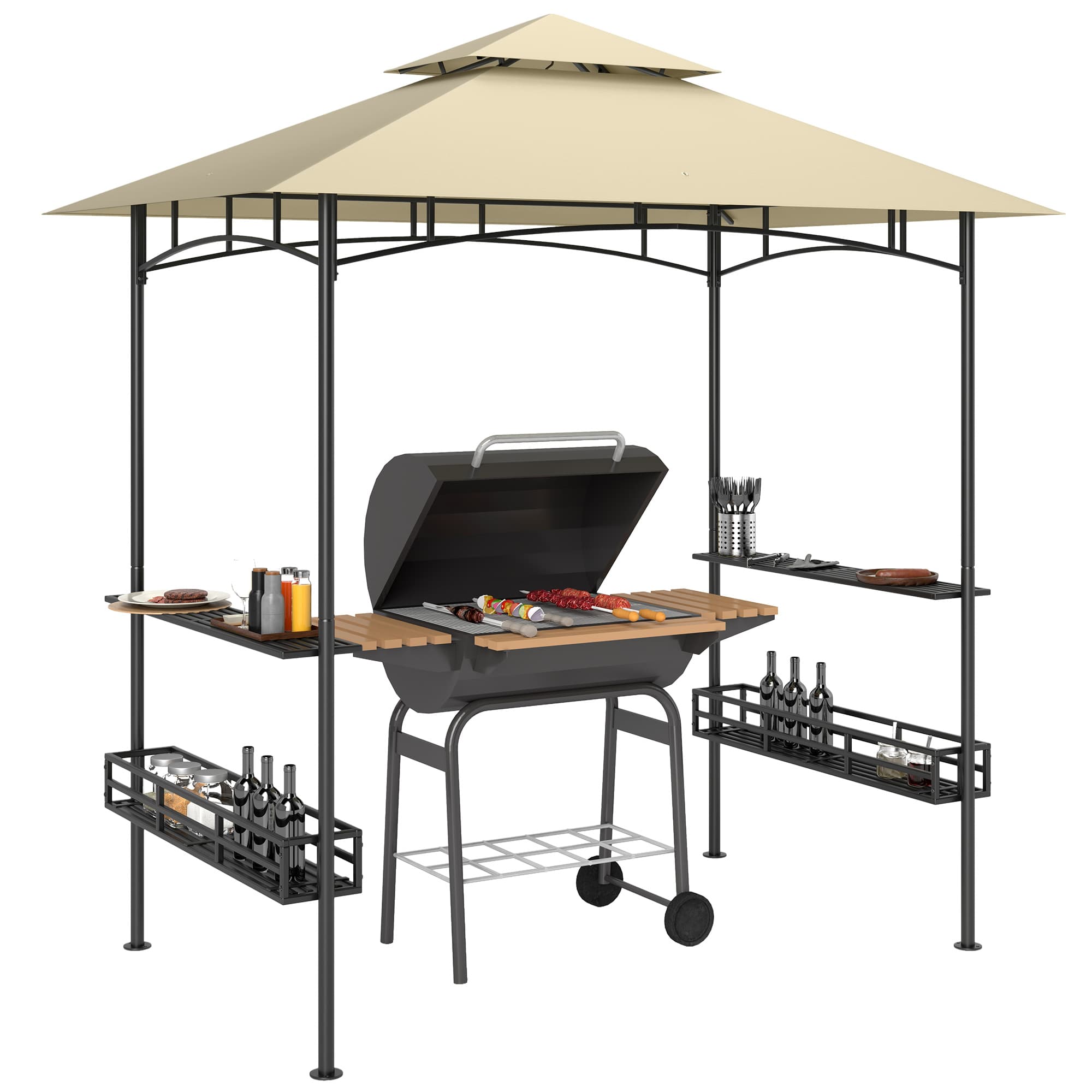 Outsunny 8' x 5' Grill Gazebo Canopy, Double Tiered Outdoor BBQ Gazebo Shelter with 2 Shelves, Storage Baskets, Hook for Barbecue, Picnic, Beige