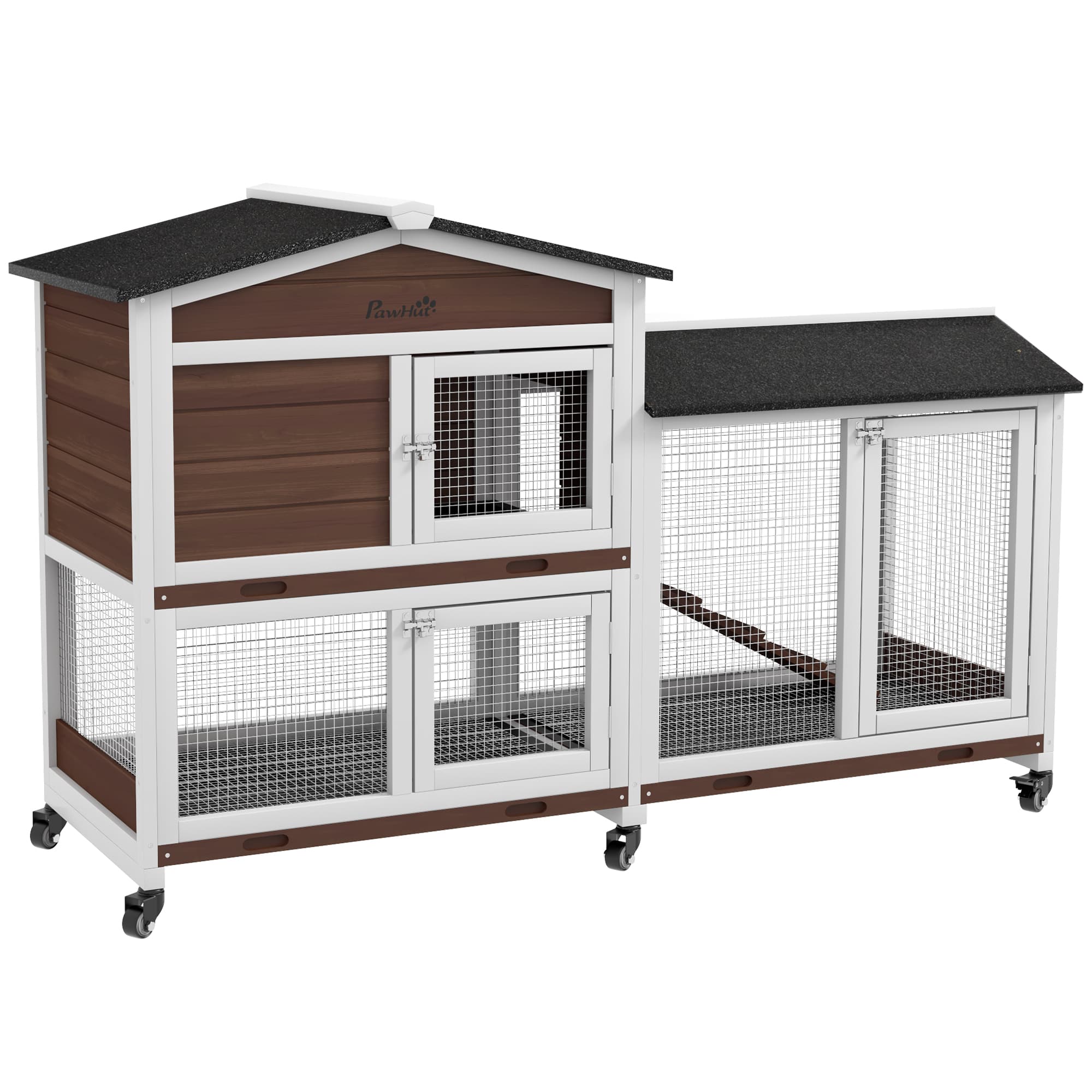 PawHut Pet Hutch, Wooden Two-Tier, with Wheels and Run, Durable, Brown | Aosom UK