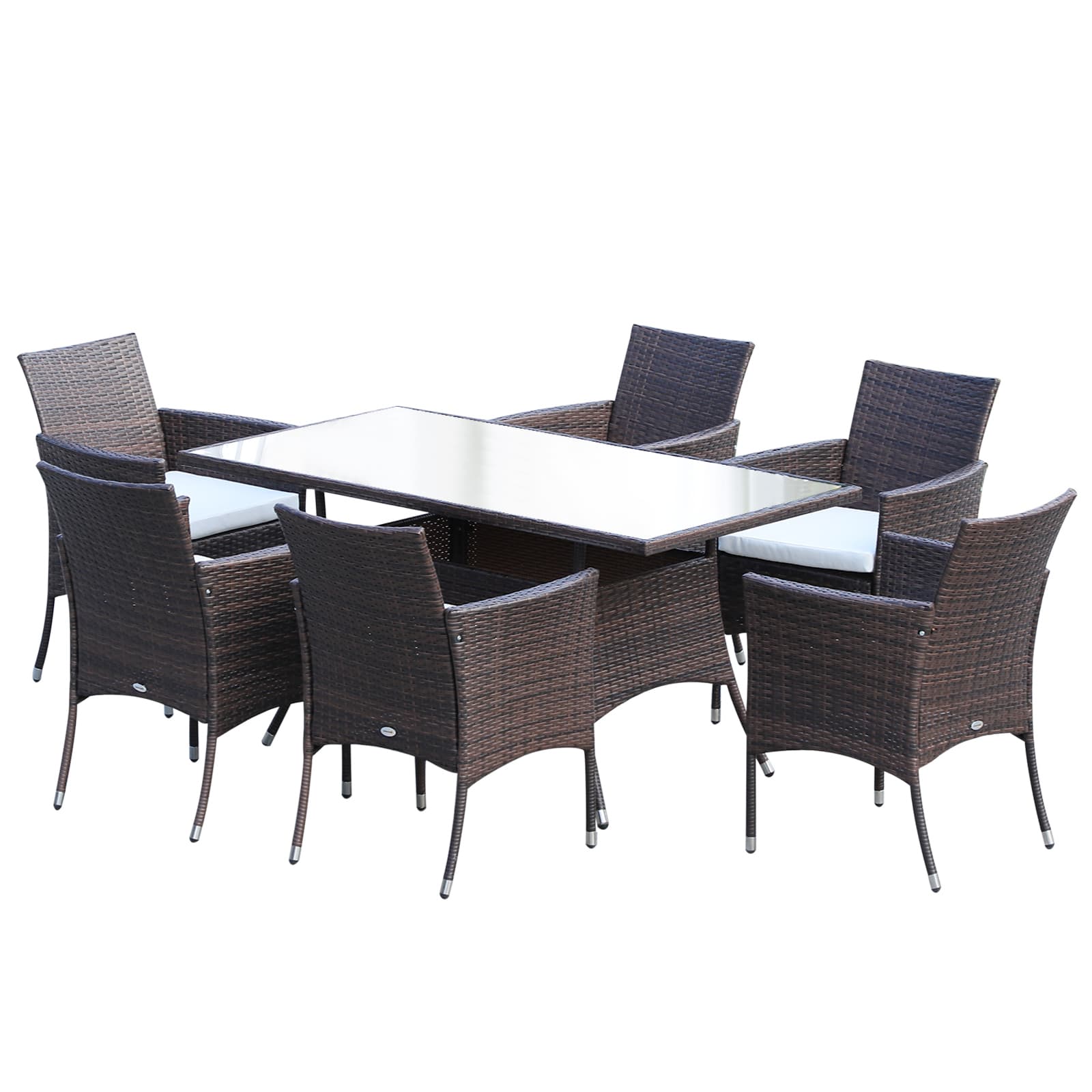 Outsunny 6-Seater Rattan Dining Set with Cube Chairs, Rectangular Table, Outdoor Patio Set with Cushions, Brown | Aosom UK