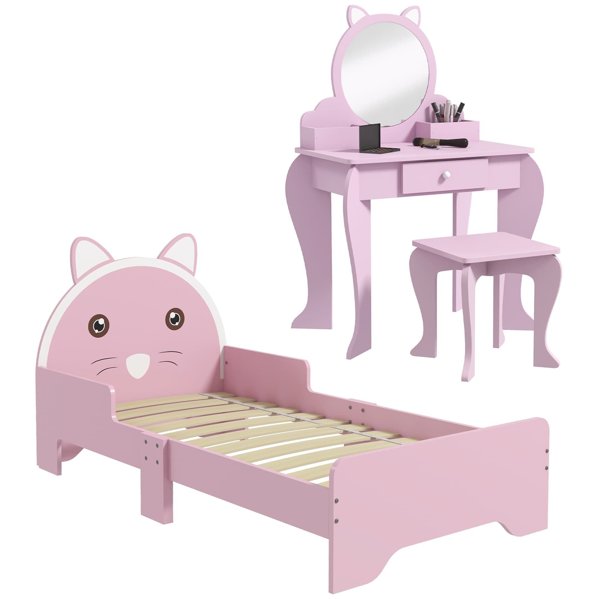 ZONEKIZ Wooden Children's Bedroom Set with Dressing Table, Stool, Bed, Cat Motif for Ages 3-6, Multicolour | Aosom UK