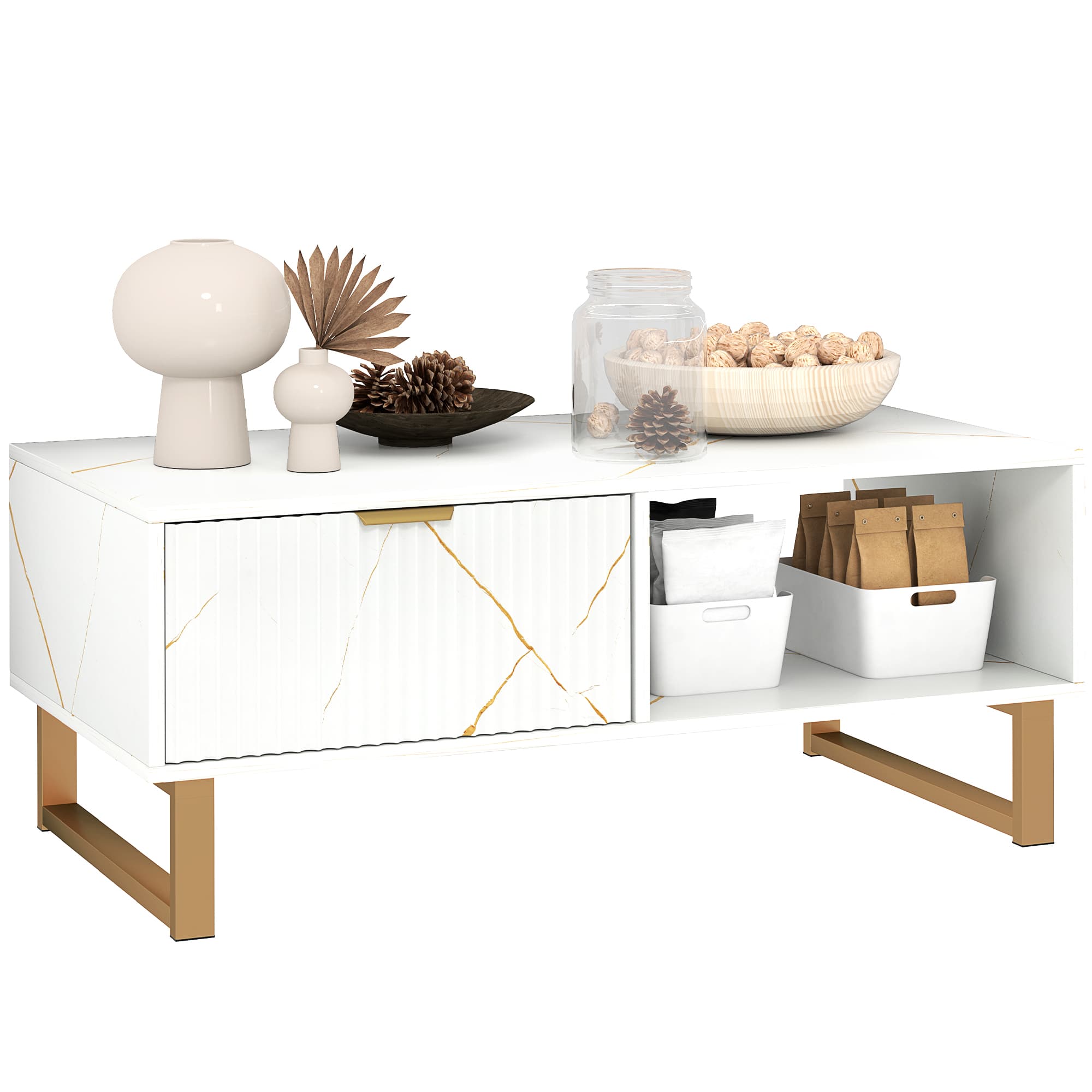 HOMCOM Elegant Marble Effect Storage Coffee Table - White