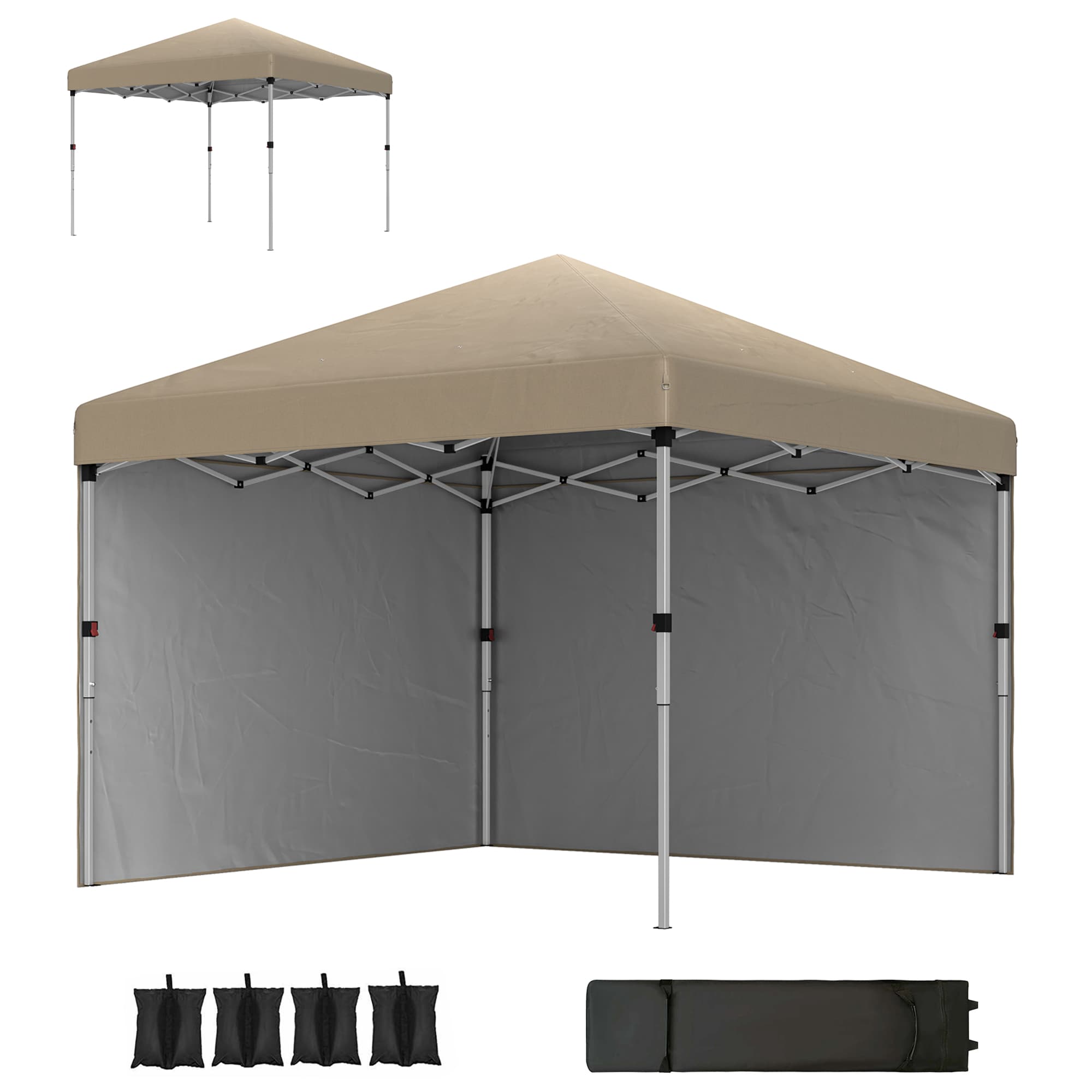 Outsunny 3 x 3m Pop Up Gazebo, UPF 30+ with 2 Sidewalls, Leg Weight Bags and Wheeled Bag, Height Adjustable Party Tent for Garden, Patio, Khaki