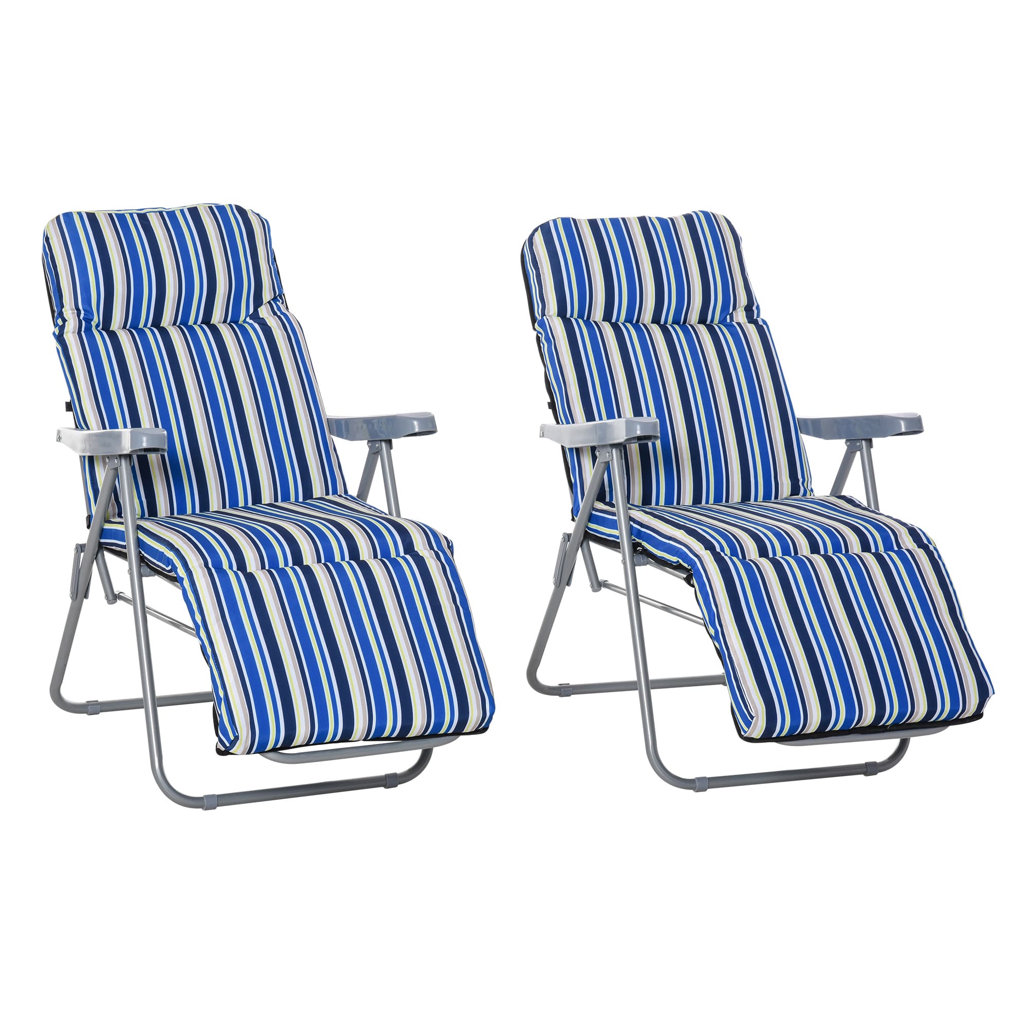 Outsunny Set of 2 Garden Sun Lounger Outdoor Reclining Seat Cushioned Seat Foldable Adjustable Recliner Blue and White | Aosom UK