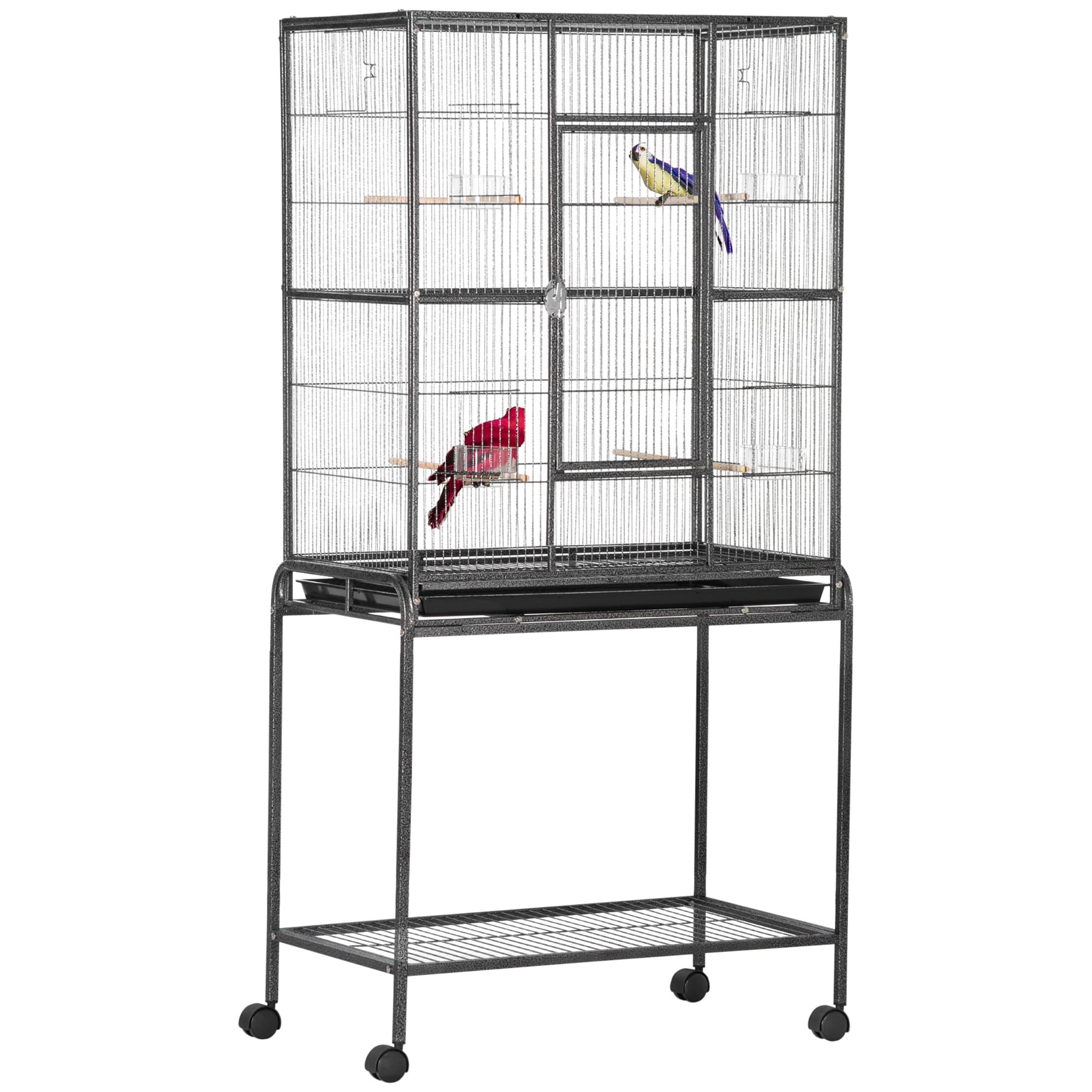 PawHut Avian Abode: Wheeled Metal Cage for Canaries & Parakeets, Wooden Perch, Feeder Tray, Jet Black | Aosom UK