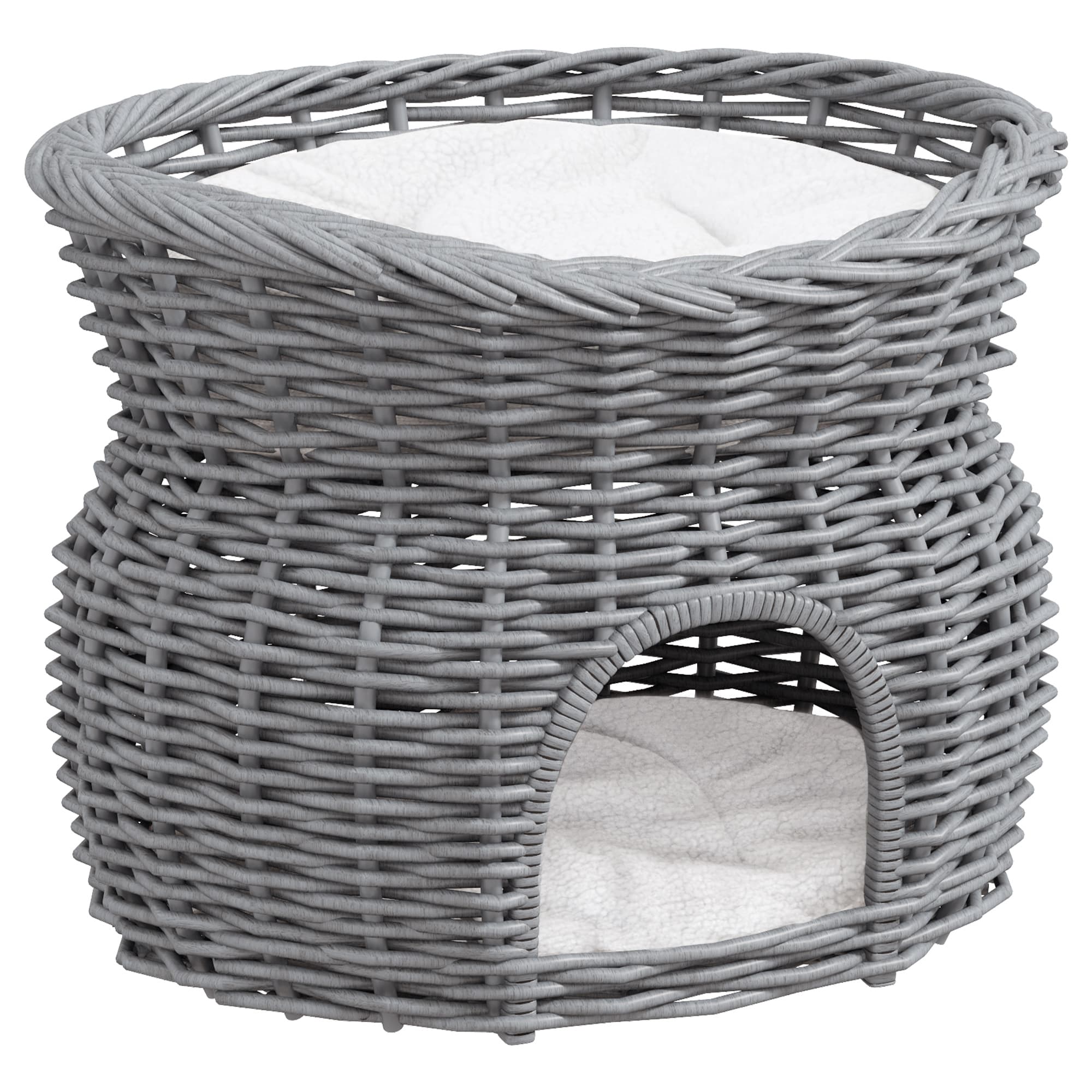 PawHut Wicker Cat House, 2-Tier Elevated Pet Bed Basket, Willow Kitten Tower with Washable Cushions, 56x37x40cm, Grey | Aosom UK
