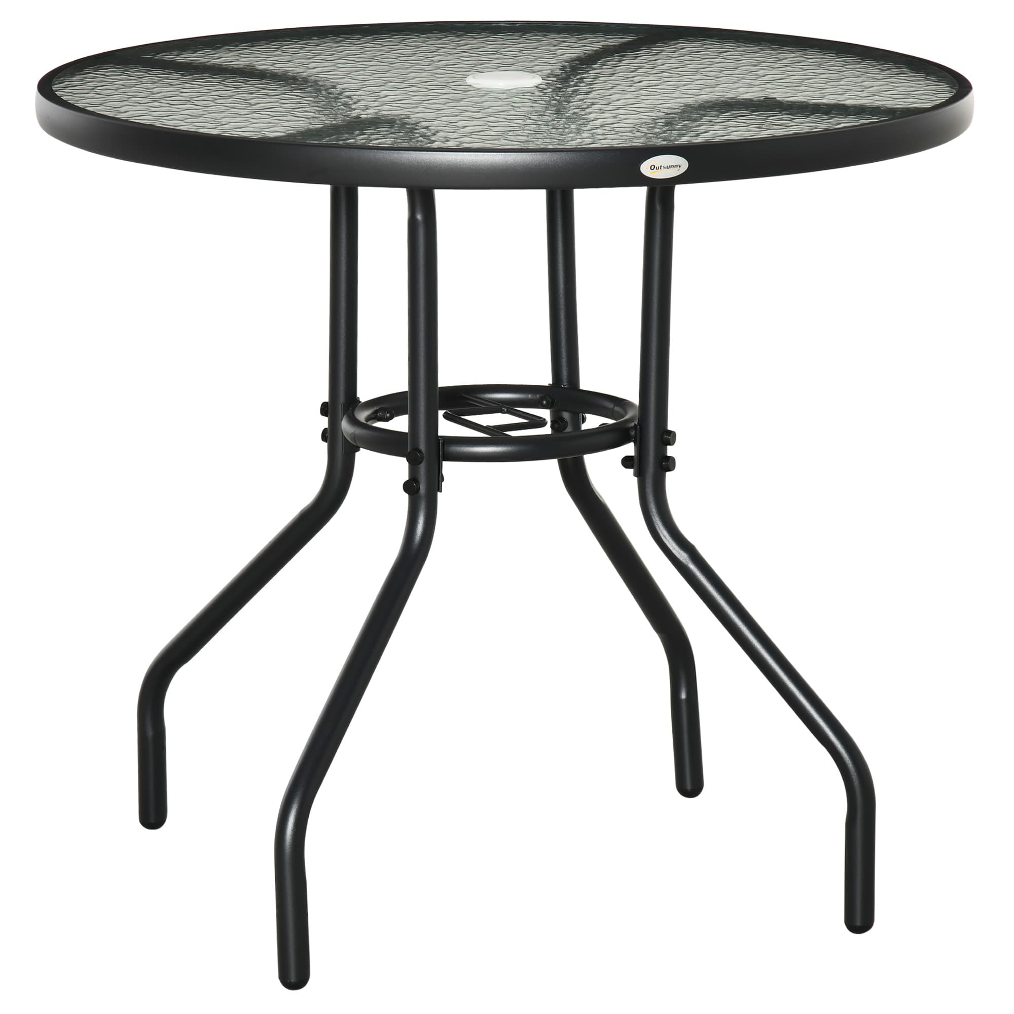 Outsunny Round Garden Dining Table, Outdoor Coffee Table, Tempered Glass Top Steel Garden Table w/ Parasol Hole, Black | Aosom UK