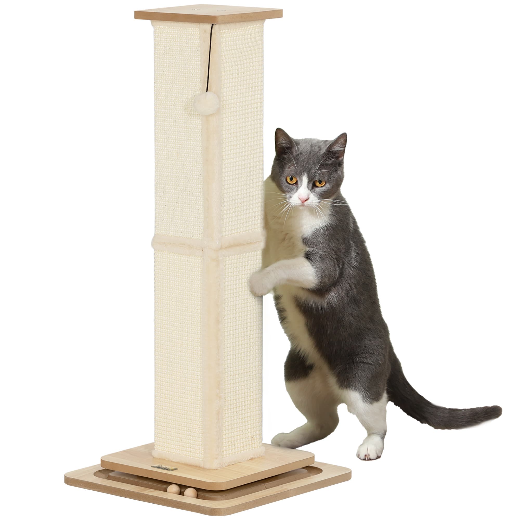 PawHut Scratching Post, 3 in 1 Cat Post with Sisal Post, Track Ball Toy, Self Grooming Brush, Hanging Toy Ball, Feather, Oak | Aosom UK