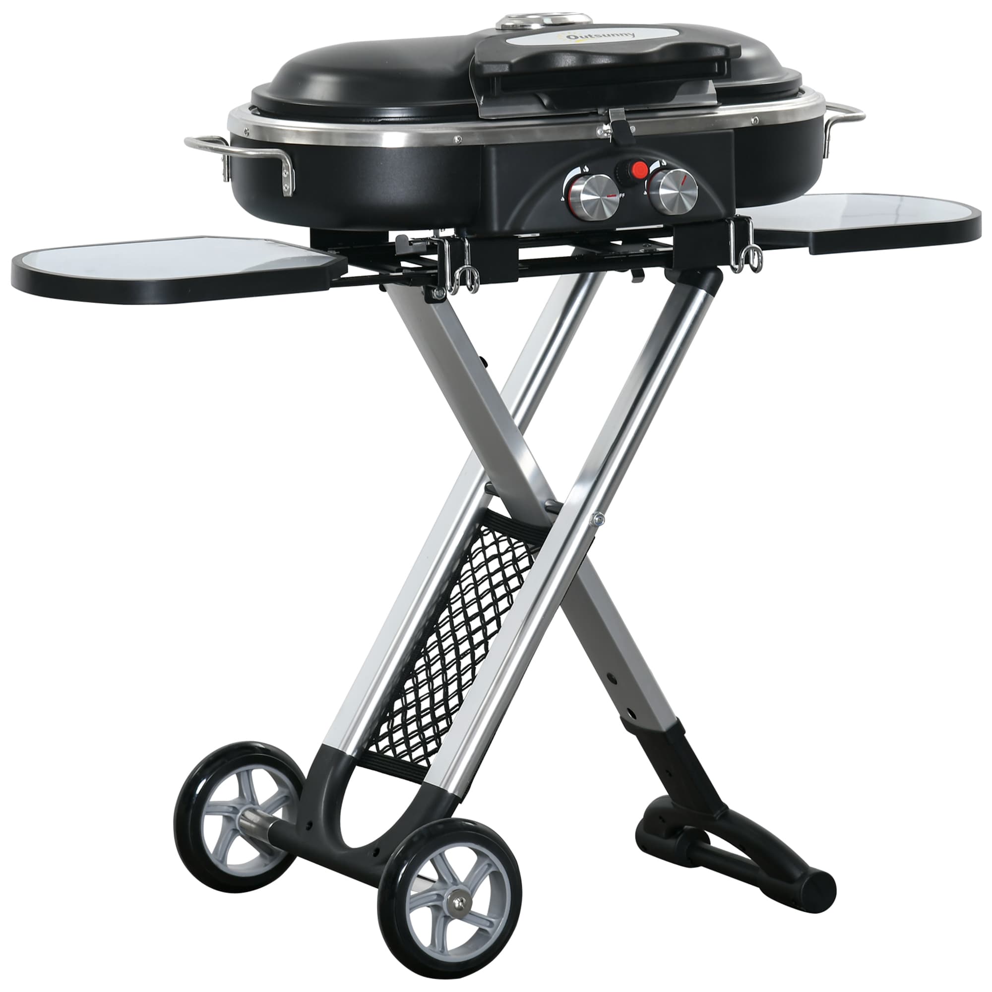 Outsunny Foldable Gas BBQ Grill 2 Burner Garden Barbecue Trolley w/ Lid Side Shelves Pocket Piezo Ignition Thermometer, Aluminium Alloy | Aosom UK
