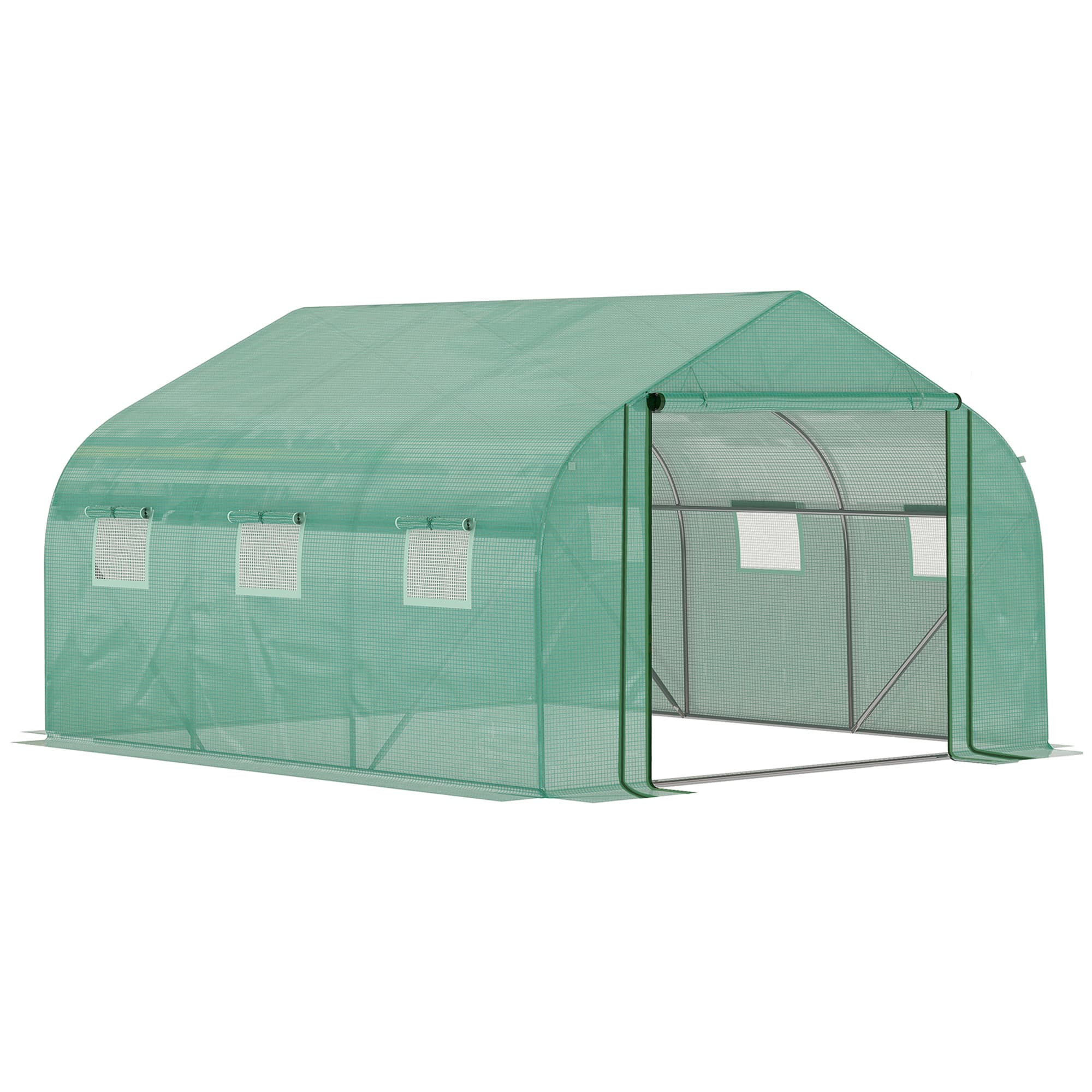 Outsunny 3.5 x 3 x 2m Walk-in Greenhouse with PE Cover, Roll-Up Door and 6 Windows, Portable Outdoor Plant Shelter，Green | Aosom UK