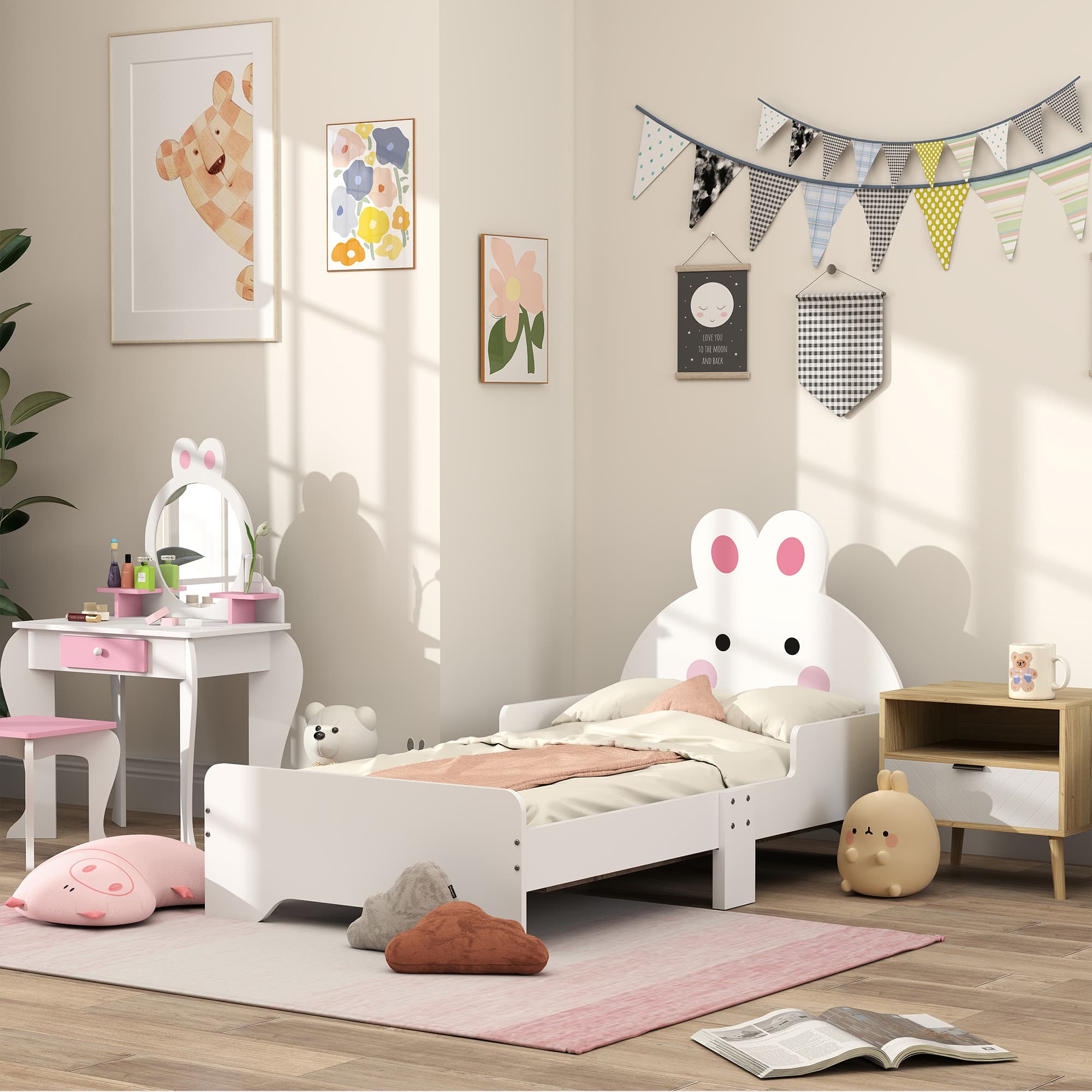 ZONEKIZ Toddler Rabbit Bed Frame, Safe & Sturdy Design, Perfect for Kids' Bedroom, Charming White | Aosom UK