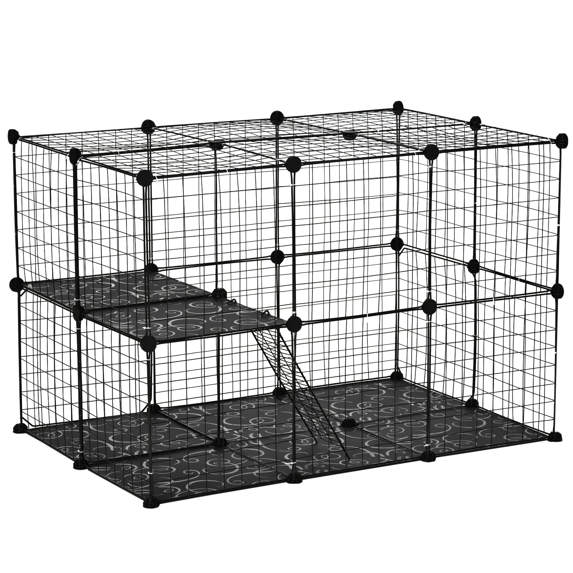PawHut Pet Playpen, DIY Small Animal Cage with Metal Wire Fence, 39 Panels, 3 Doors, 2 Ramps, for Kitten, Bunny, Black. | Aosom UK