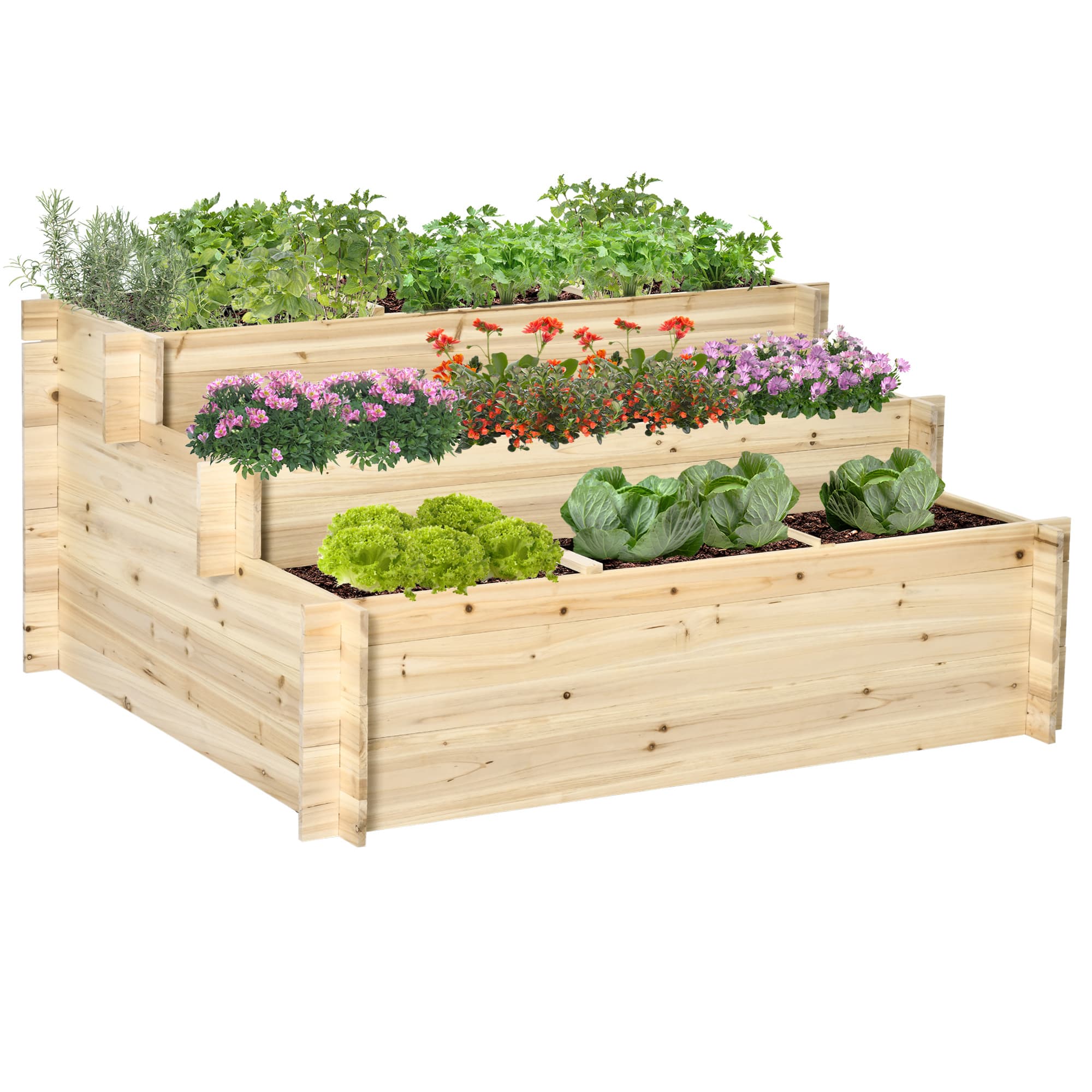 Outsunny 3 Tier Raised Beds Garden Boxes Elevated Flower Box with 9 Grow Grids and Non-woven Fabric for Vegetables, Flower, Herb | Aosom UK