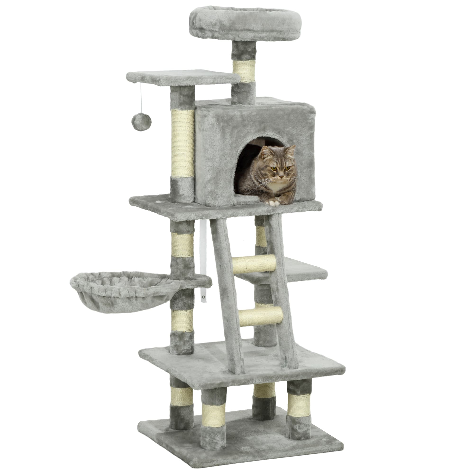 PawHut 132cm Cat Tree with Scratching Post, House, Hammock, Grey | Aosom UK