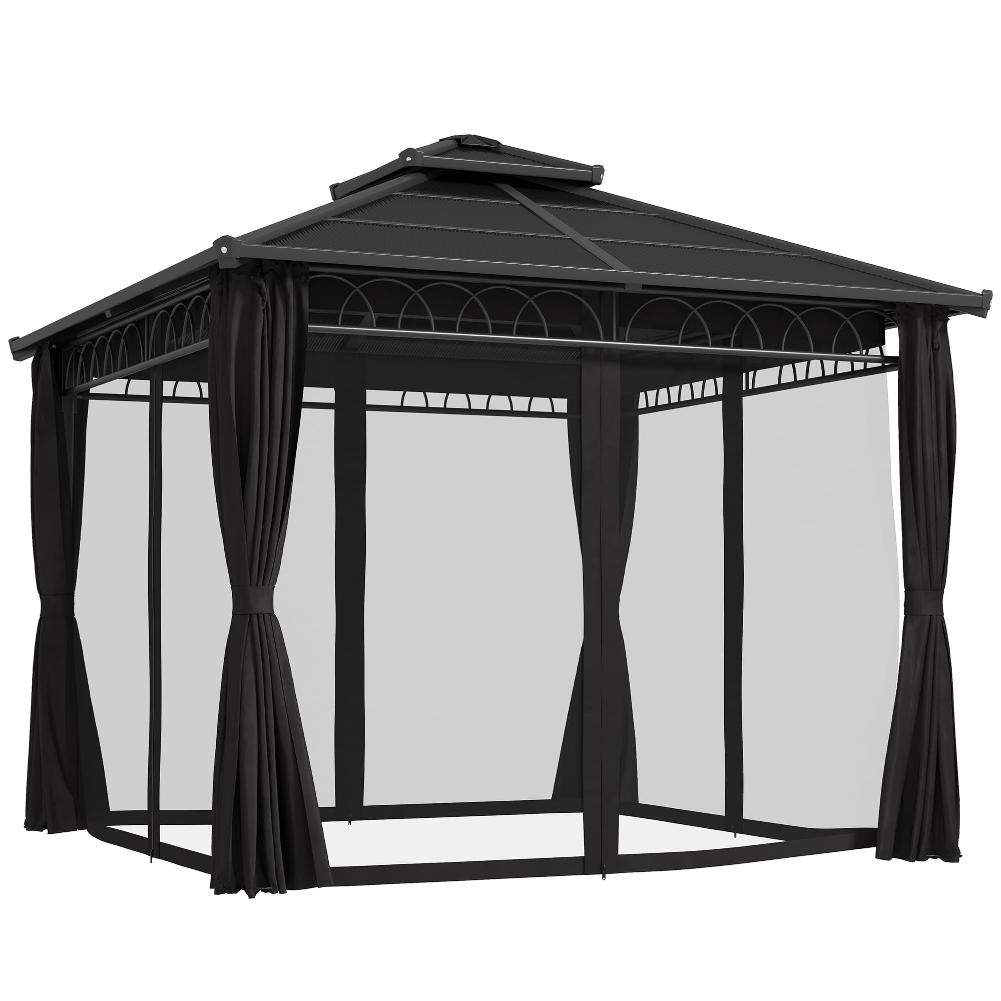 Outsunny 3 x 3m Outdoor Polycarbonate Gazebo, Double Roof Hard Top Gazebo with Nettings & Curtains for Garden, Lawn, Patio and Deck, Dark Grey