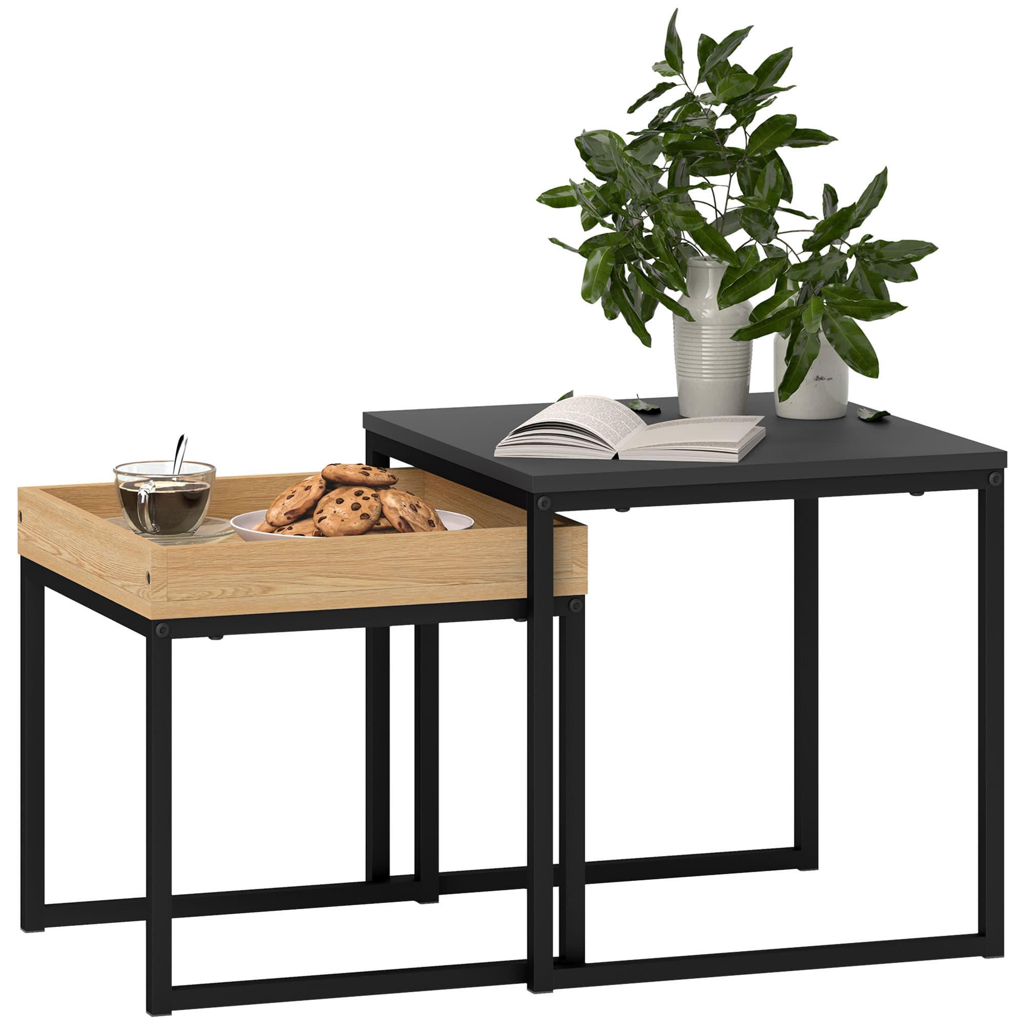 HOMCOM Set of Two Boxy Nesting Tables - Black/Wood-Effect | Aosom UK