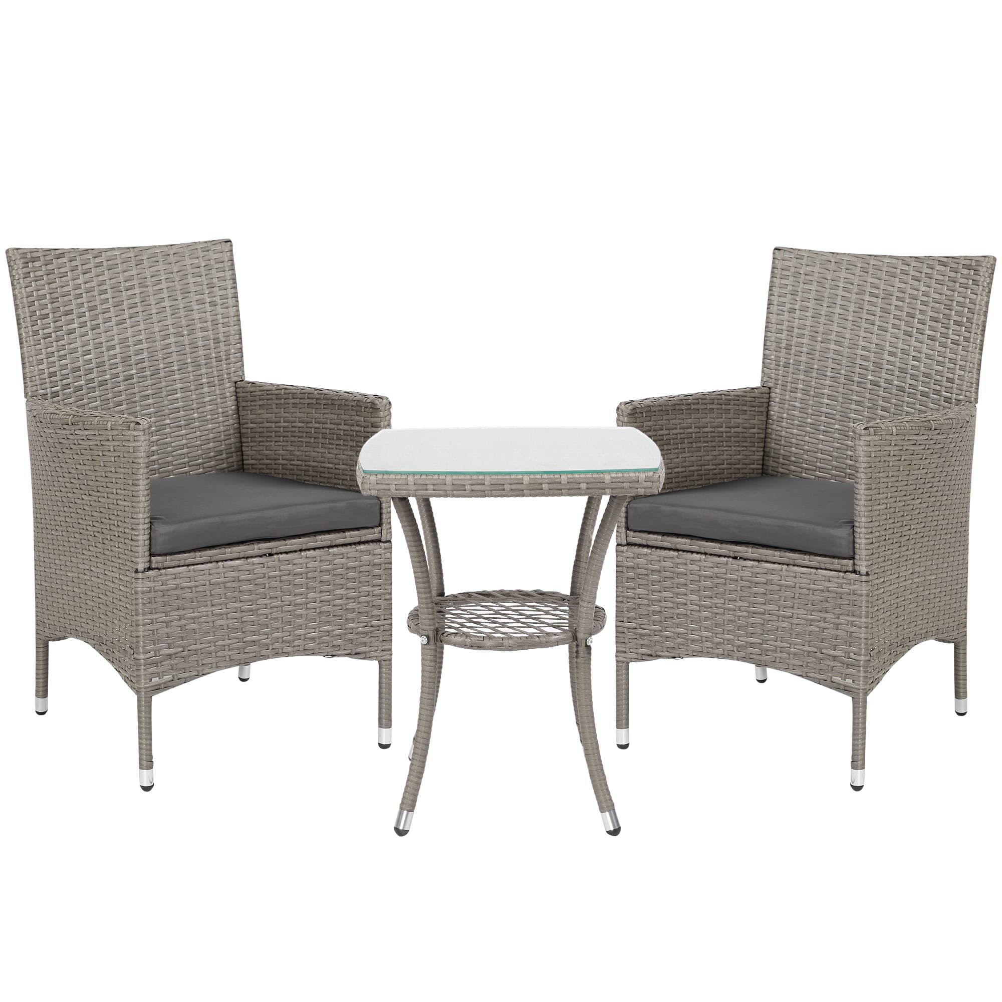 Outsunny Rattan Bistro Set, 2 Seater Outdoor Chair Table Set, Garden Furniture, Waterproof, Washable Cushions, Grey | Aosom UK