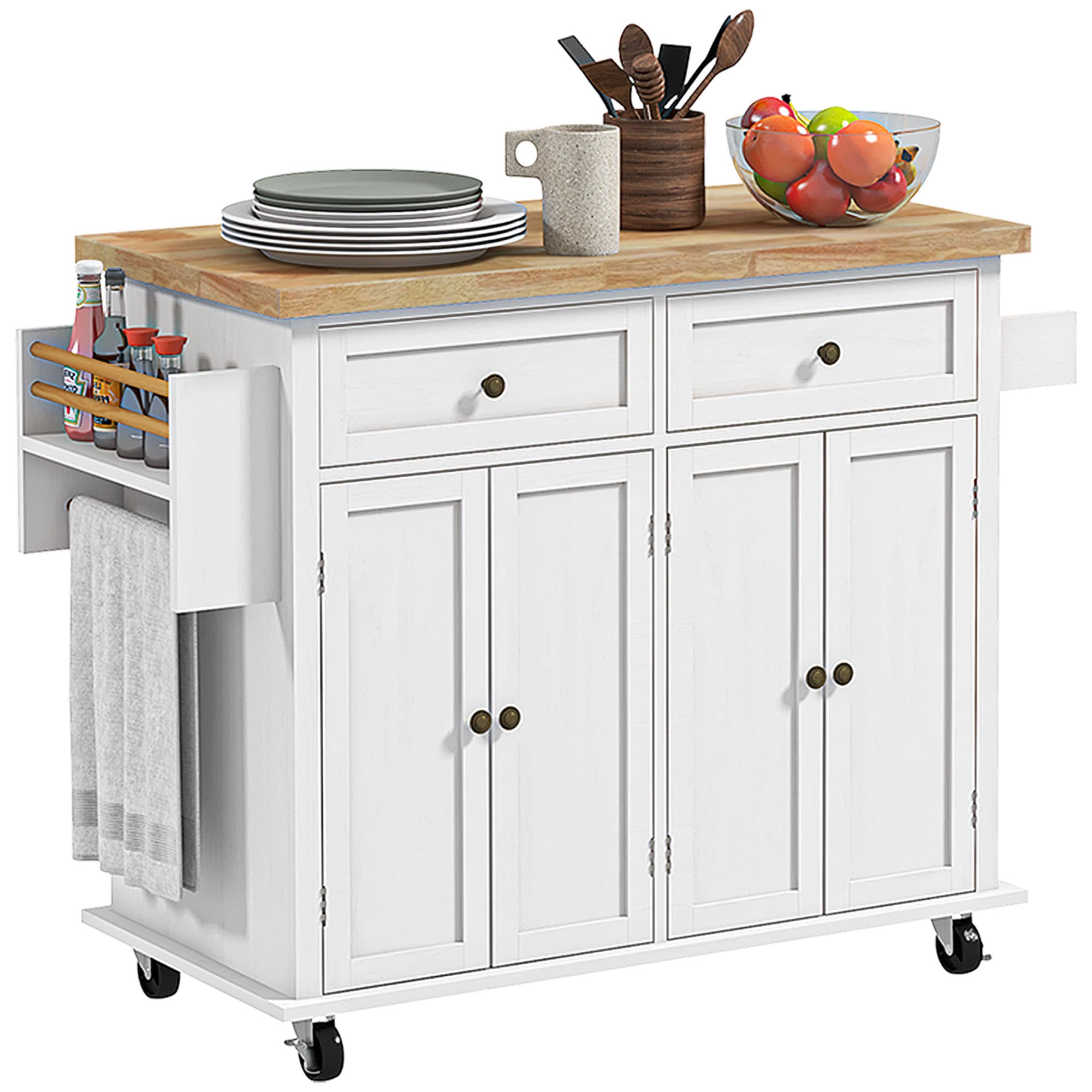 HOMCOM Rolling Kitchen Island Storage Trolley with Rubber Wood Top & Drawers for Dining Room, White | Aosom UK