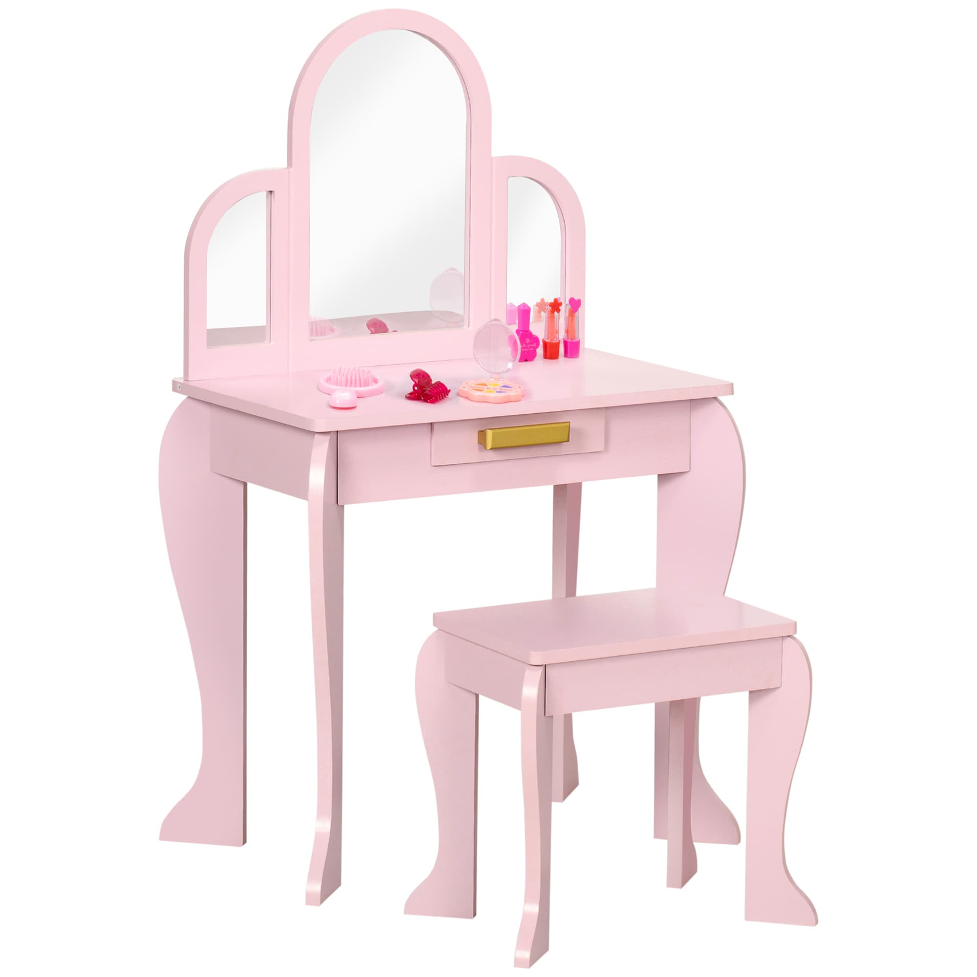 HOMCOM Kids Dressing Table with Mirror and Stool, Kids Vanity Set, Girl Makeup Desk with Drawer for 3-6 Years Old Children, Pink | Aosom UK