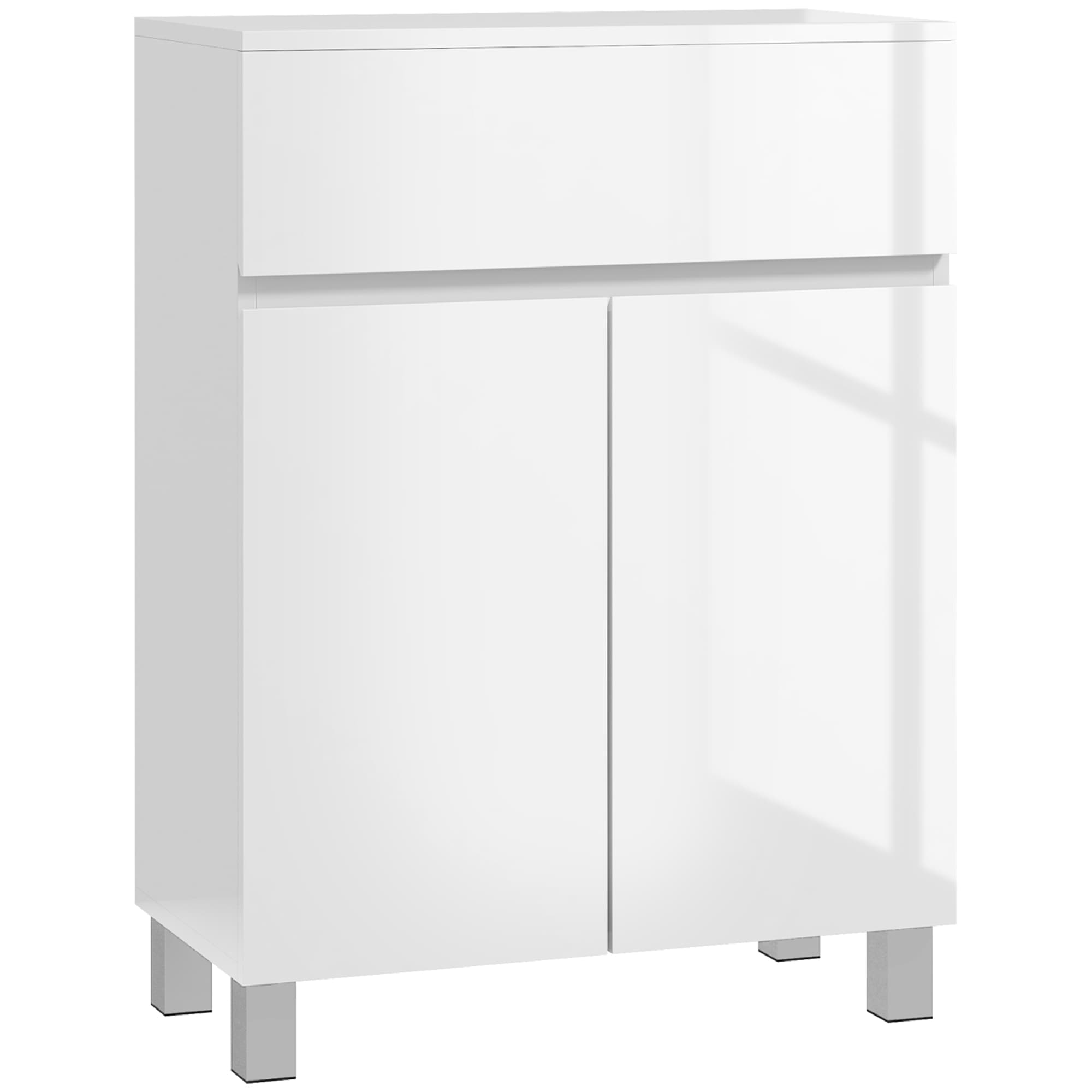 Kleankin Freestanding Bathroom Cabinet: High Gloss Storage with Drawer, Adjustable Shelf, White