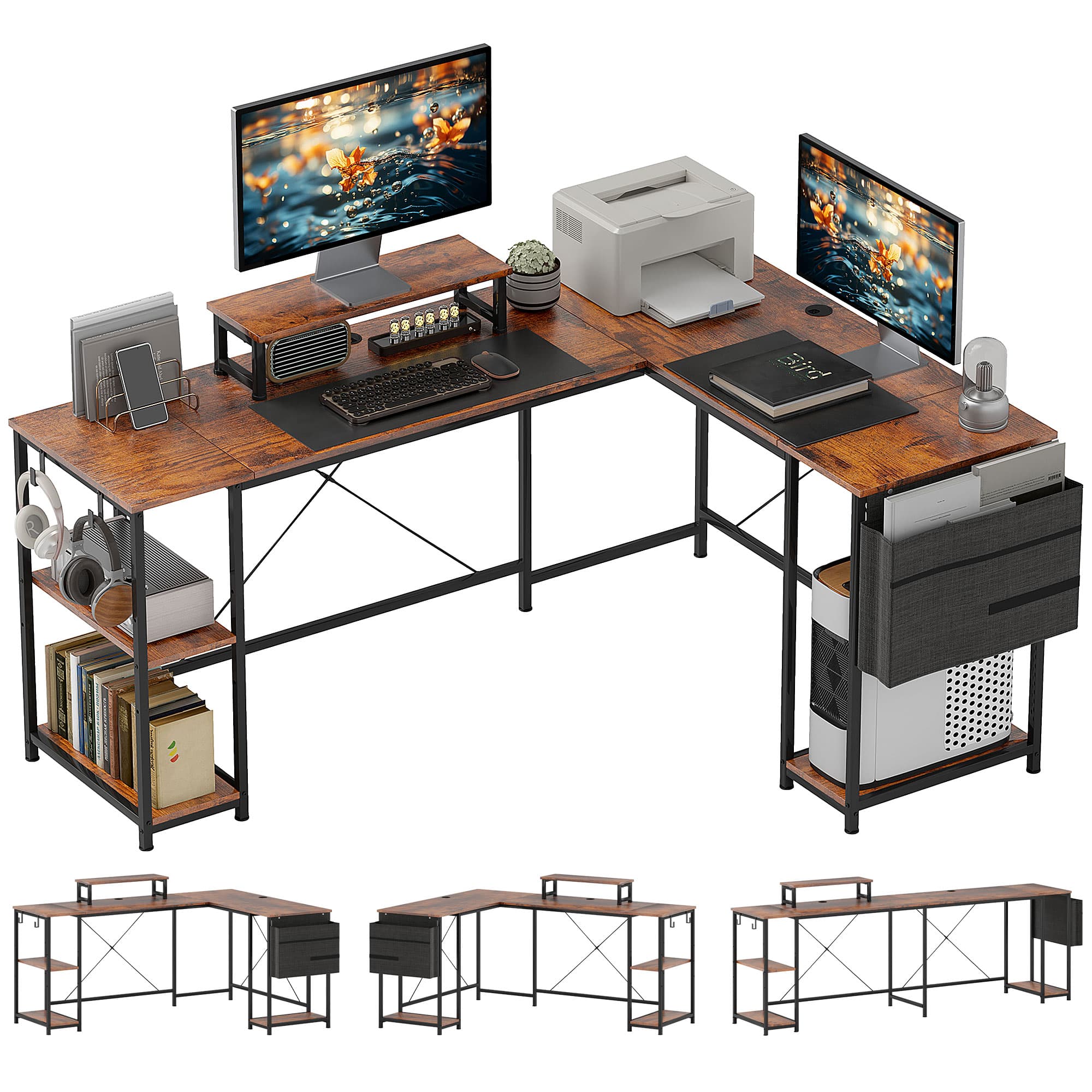 HOMCOM 168cm Reversible L Shaped Desk, Industrial Corner Computer Desk with Adjustable Shelf, Storage Bag, Monitor Stand, Rustic Brown