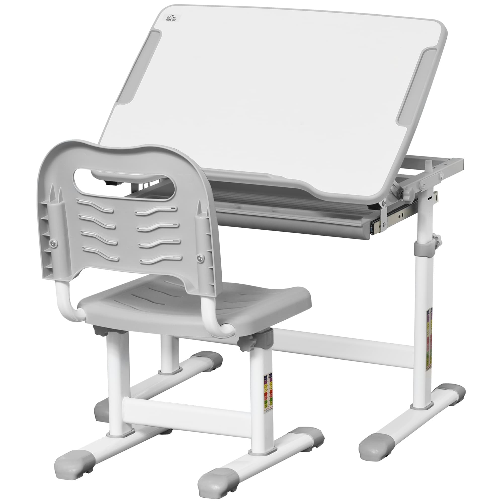 HOMCOM Kids Desk and Chair Set, Height Adjustable Student Writing Desk and Chair Set, Children Adjustable Study Table with with Drawer, Pen Slot, Hook, Grey | Aosom UK