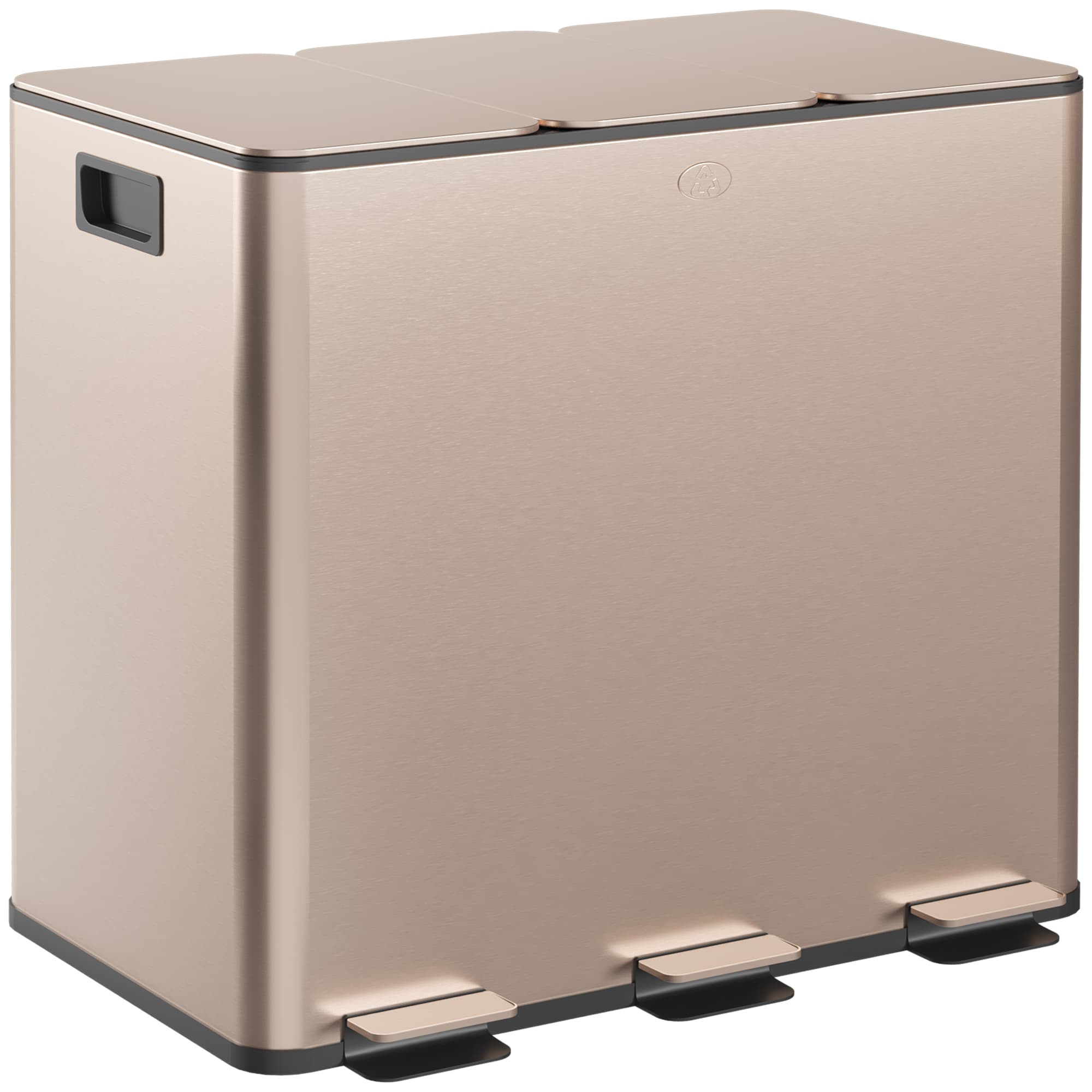 HOMCOM 3 x 15L Pedal Bin, Steel Triple Kitchen Bin with Soft Close Lid, Removable Inner Buckets, Fingerprint-Proof, Gold Tone | Aosom UK