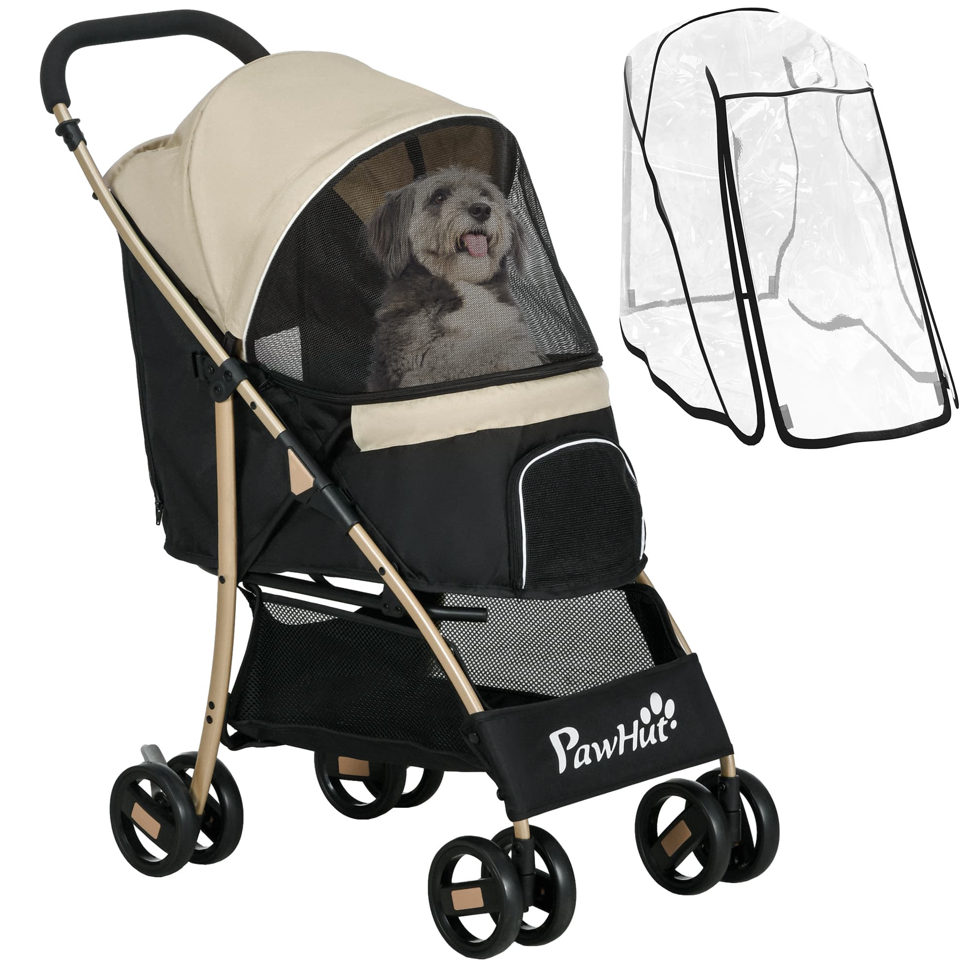 PawHut Oxford Pet Stroller for Small Dogs with Rain Cover, Lightweight & Portable, Dark Khaki | Aosom UK