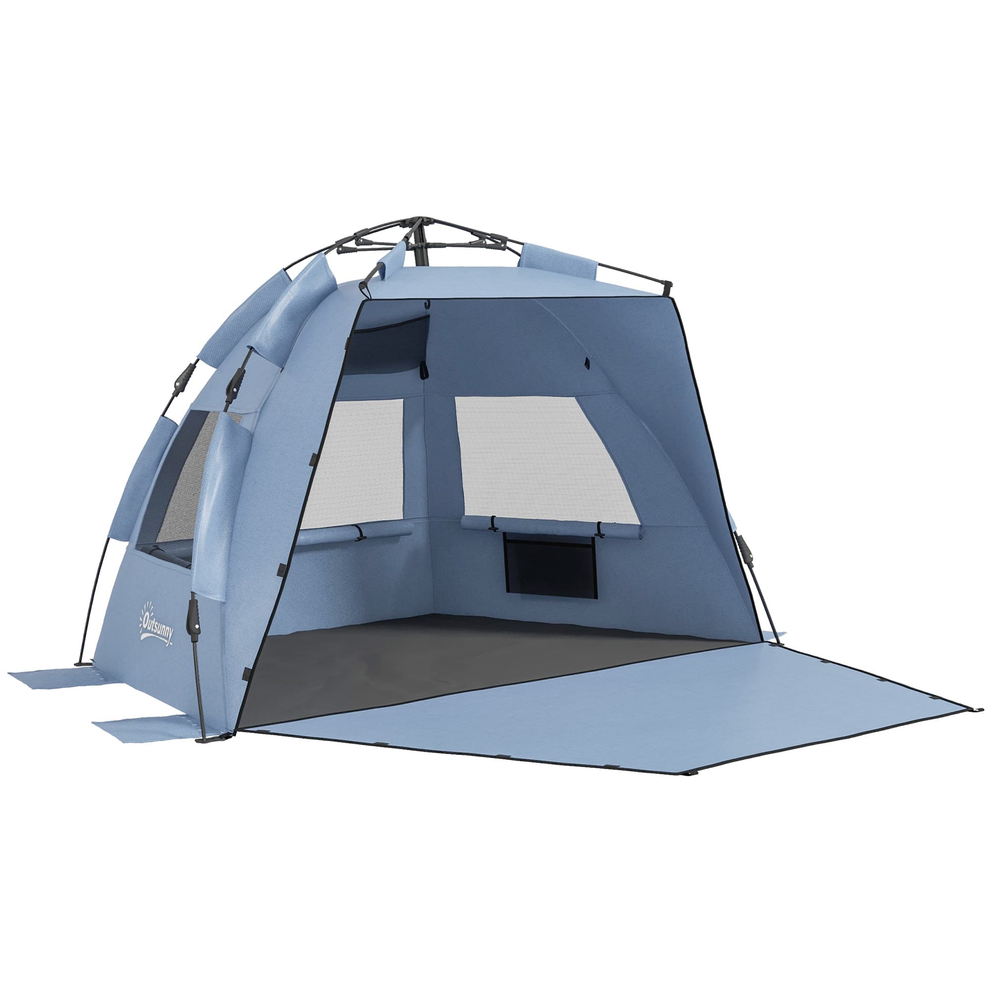 Outsunny Pop Up Beach Tent for 2-3 Persons, UPF15+ Sun Protection Shelter with Extended Groundsheet, Sandbags, Light Blue | Aosom UK