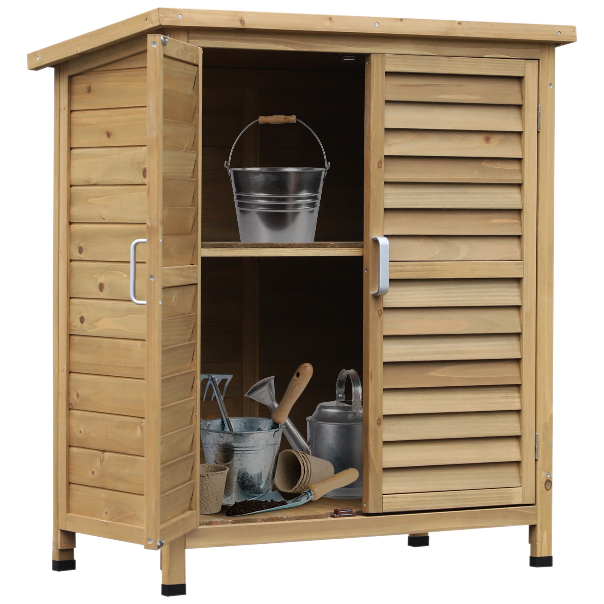Outsunny Garden Cupboard, Sturdy Outdoor Garage Organisation Cabinet with Sliding Doors for Patio & Backyard, Solid Fir Wood | Aosom UK