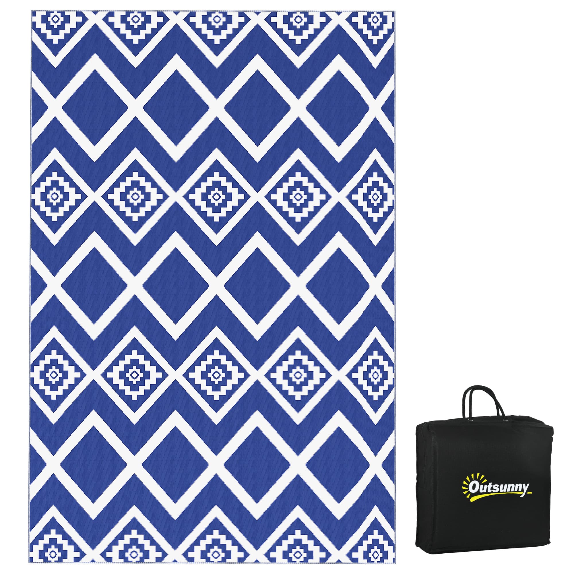 Outsunny Reversible Outdoor Rug, Plastic Straw, Portable with Carry Bag, 182 x 274cm, Blue and White | Aosom UK