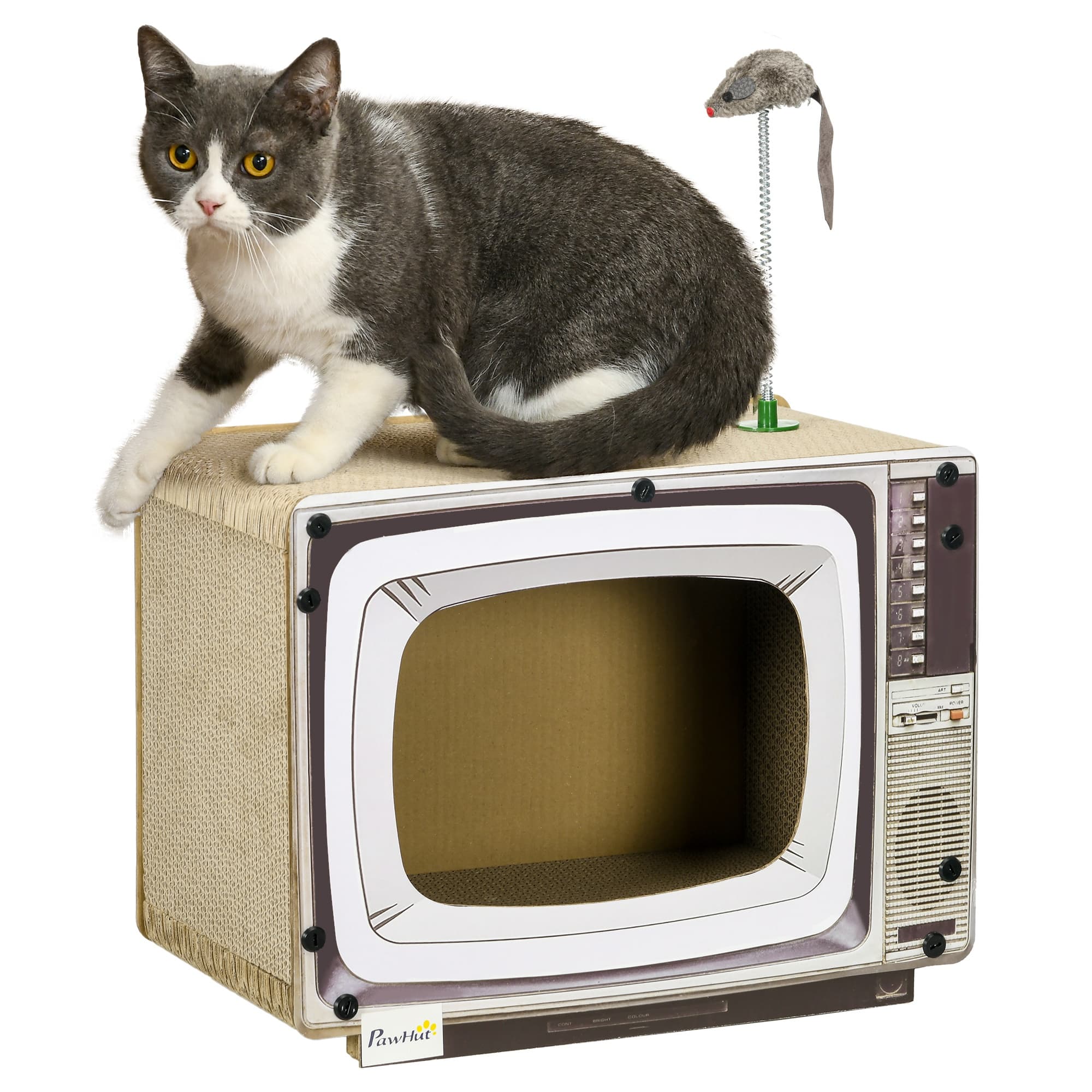 PawHut TV-Shaped Scratching Board with Scratcher, Catnip, Toy Rat, Cat Scratcher for Indoor Cats, 43 x 23 x 32.5cm | Aosom UK