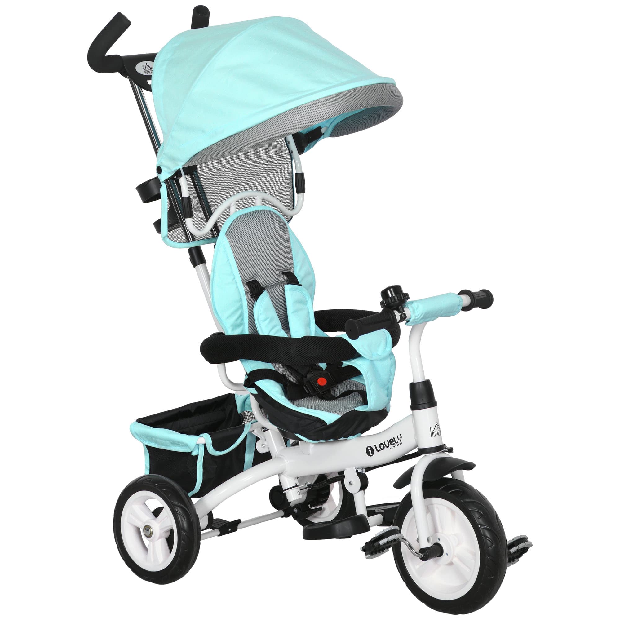 HOMCOM 4 in 1 Kids Trike Push Bike w/ Push Handle, Canopy, 5-point Safety Belt, Storage, Footrest, Brake, for 1-5 Years, Green | Aosom UK thumbnail 2