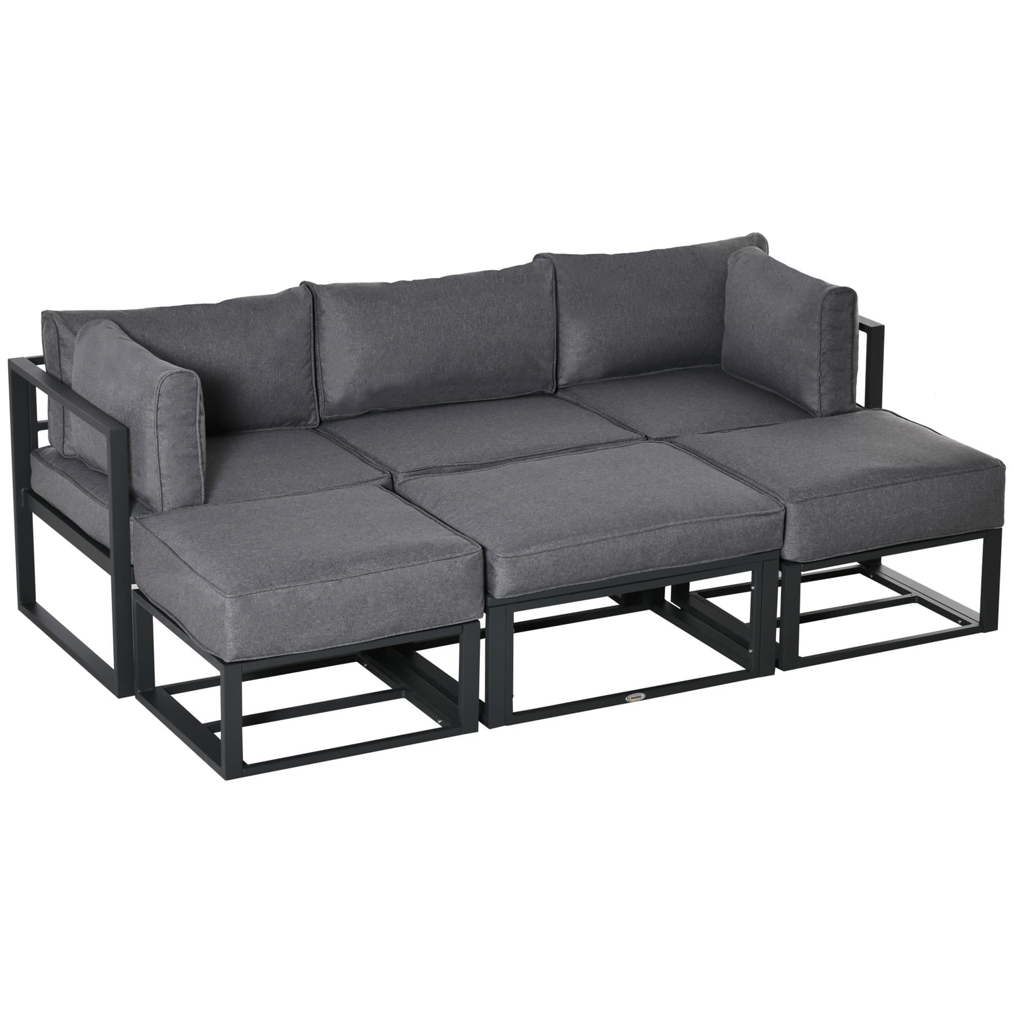 Outsunny 6 Piece Outdoor Couch, Sectional Sofa Set with Aluminum Patio Conversation Furniture, Coffee Table, Footstool & Cushions | Aosom UK
