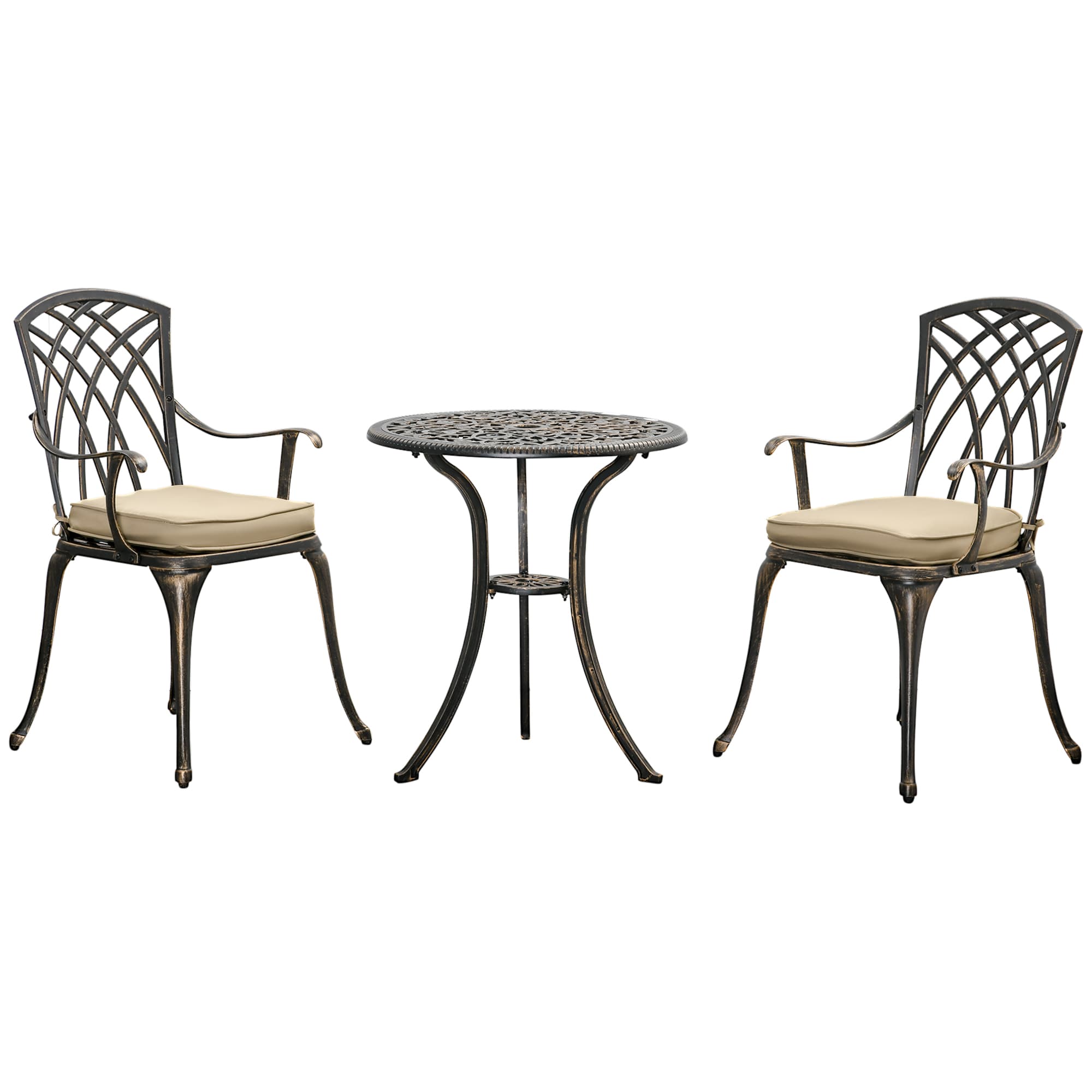 Outsunny Aluminium Bistro Set, Bronze, 3 Piece Garden Furniture with Round Table, Chairs, Parasol Hole and Cushions, Coffee | Aosom UK