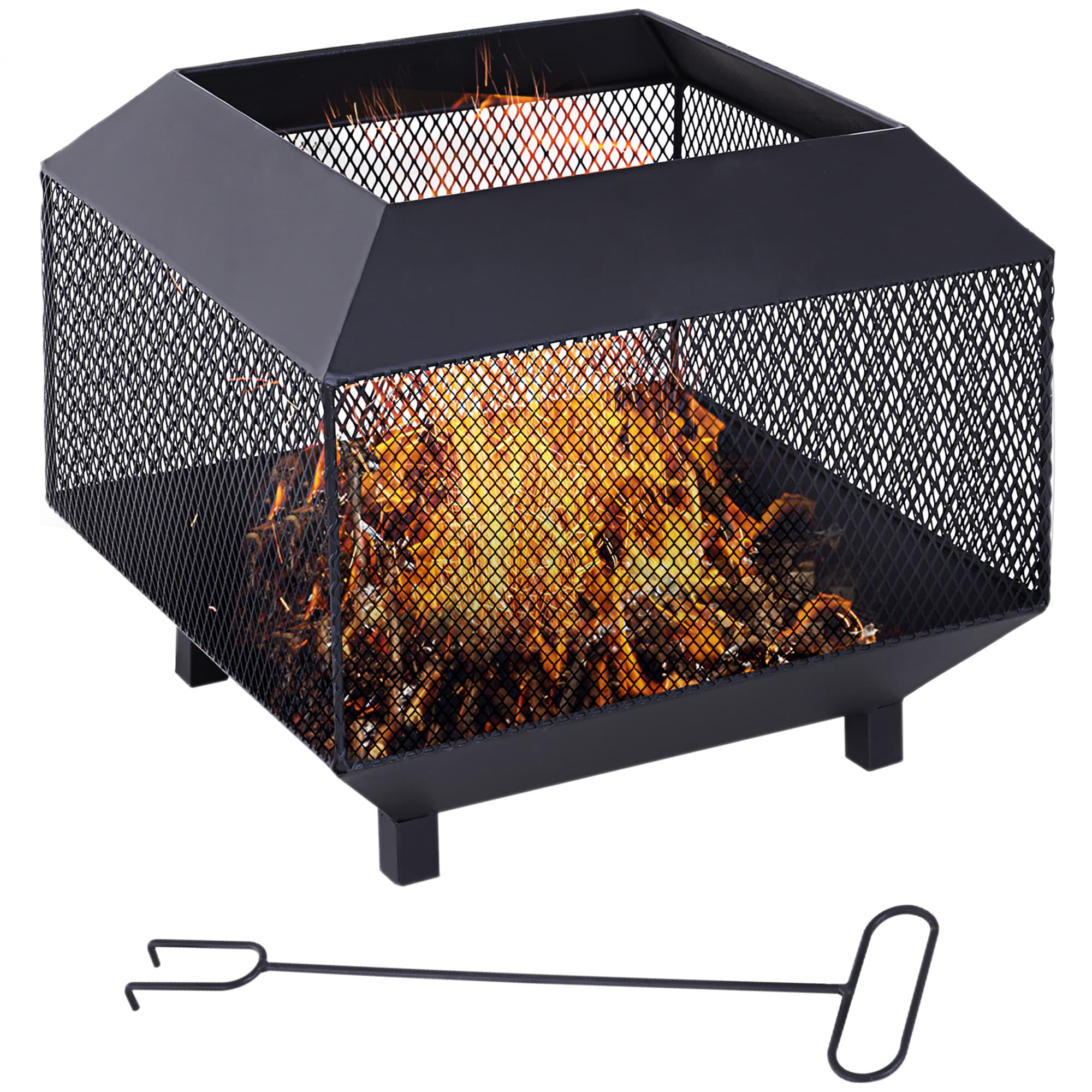 Outsunny Outdoor Fire Pit: Stylish Centrepiece for Alfresco Evenings, Mesh Design with Lid, Log Grate & Poker, Black | Aosom UK