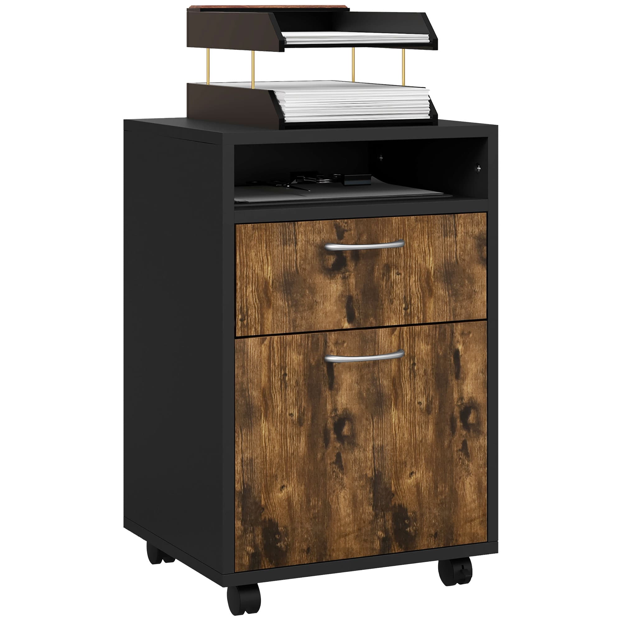 HOMCOM 60cm Storage Cabinet with Drawer, Open Shelf, Metal Handles and 4 Wheels, Office Home Organiser Mobile Printer, Rustic Brown | Aosom UK