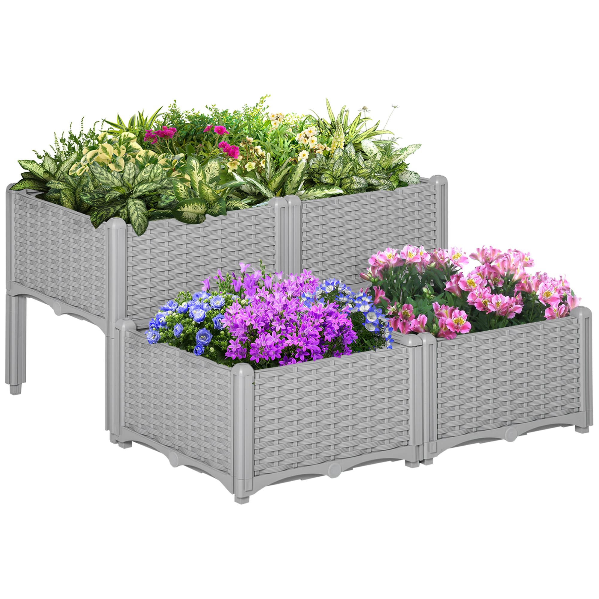 Outsunny Set of 4 Garden Raised Bed Elevated Patio Flower Plant Planter Box PP Vegetables Planting Container, Grey | Aosom UK