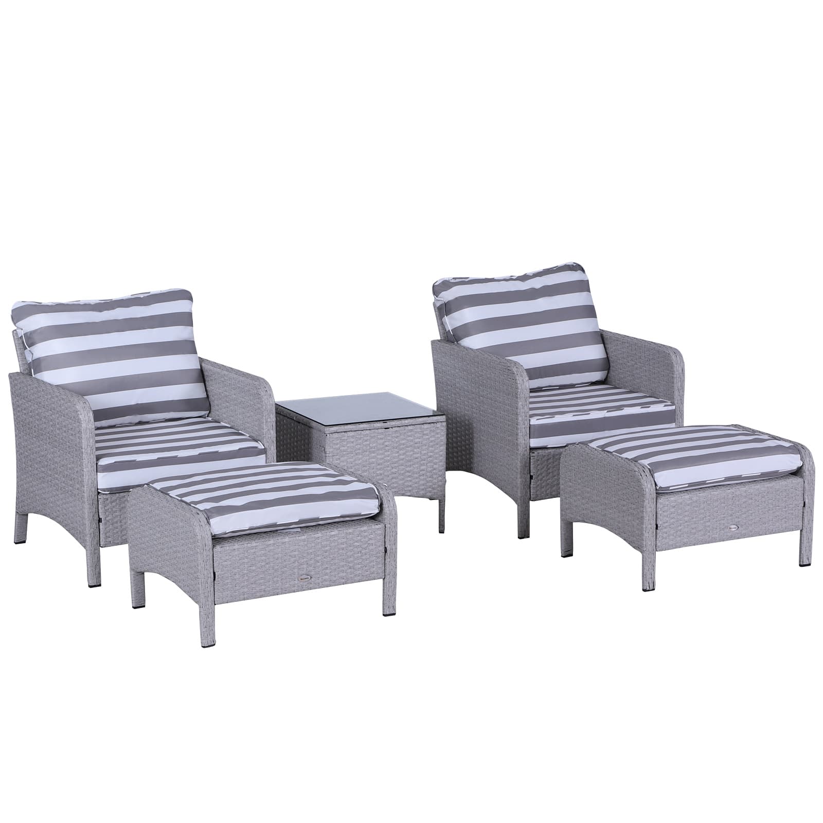 Outsunny 2 Seater PE Rattan Garden Furniture Set, 2 Armchairs 2 Stools Glass Top Table Cushions Wicker Weave Chairs Outdoor Seating - Grey | Aosom UK