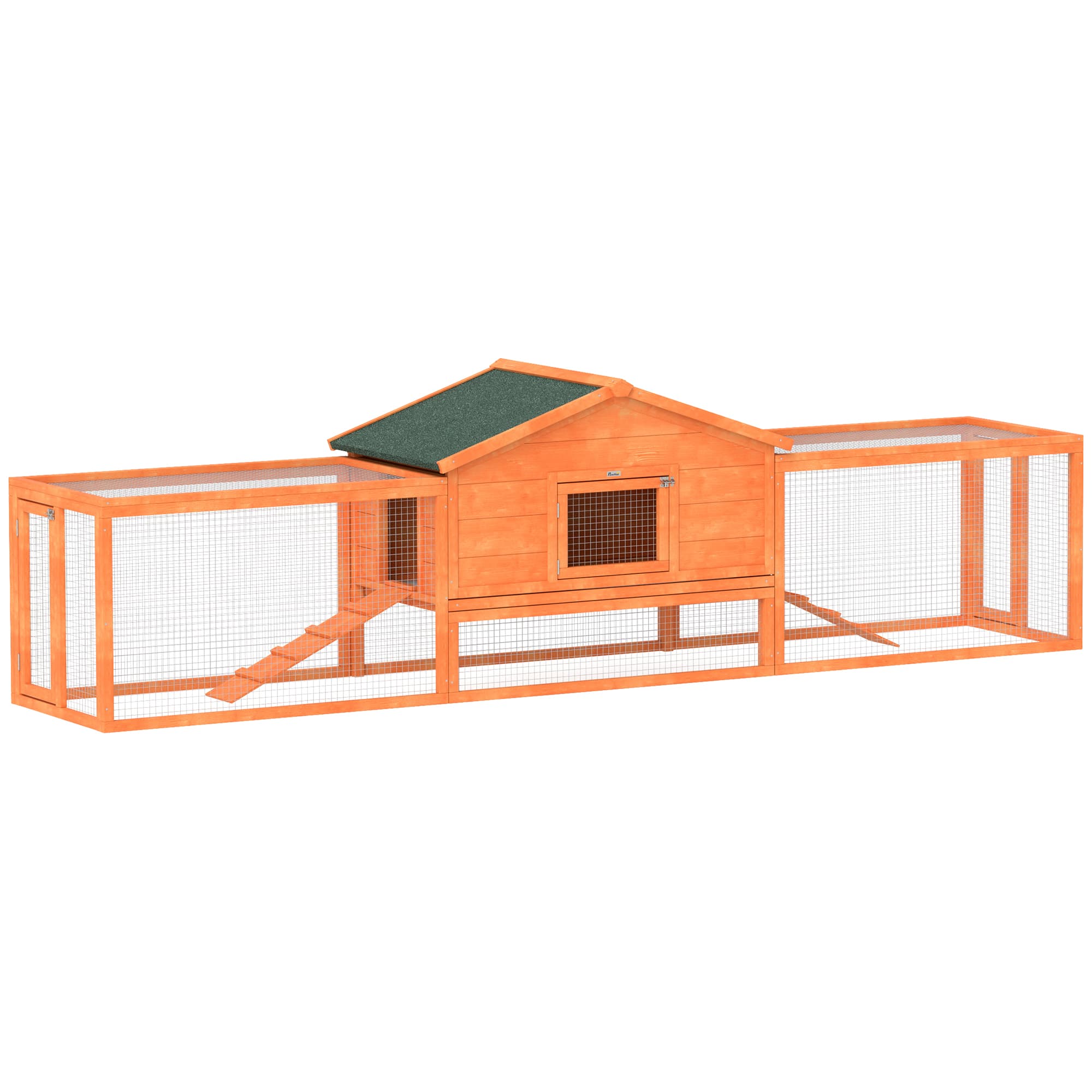 PawHut Wooden Rabbit Hutch with Run, Tray, Ramps, Asphalt Roof, 309 x 70 x 87cm, Orange | Aosom UK