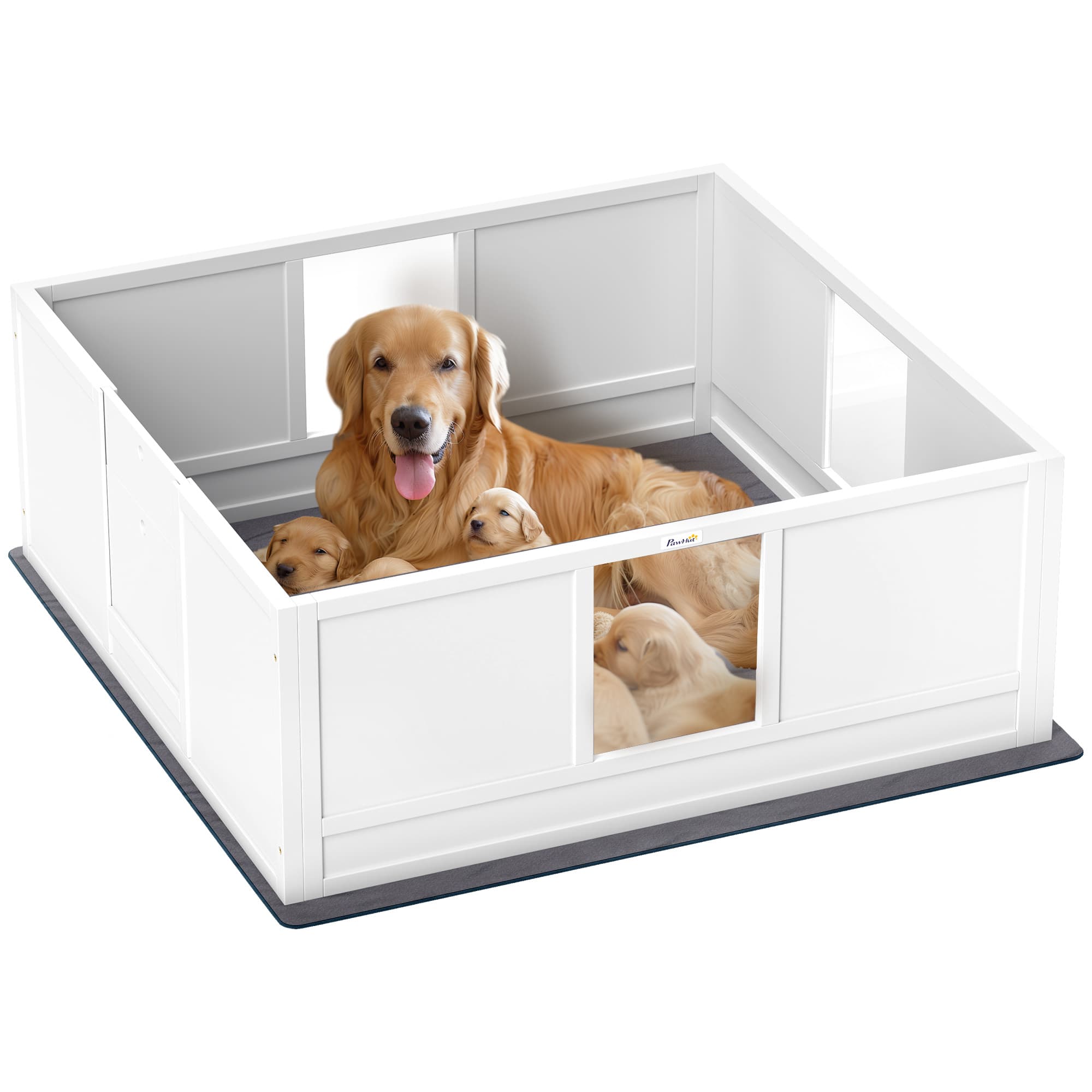 PawHut Whelping Box for Dogs with Whelping Pad, Adjustable Entrance, Non-slip Foot Pads, for Large Dogs, 124 x 120cm | Aosom UK