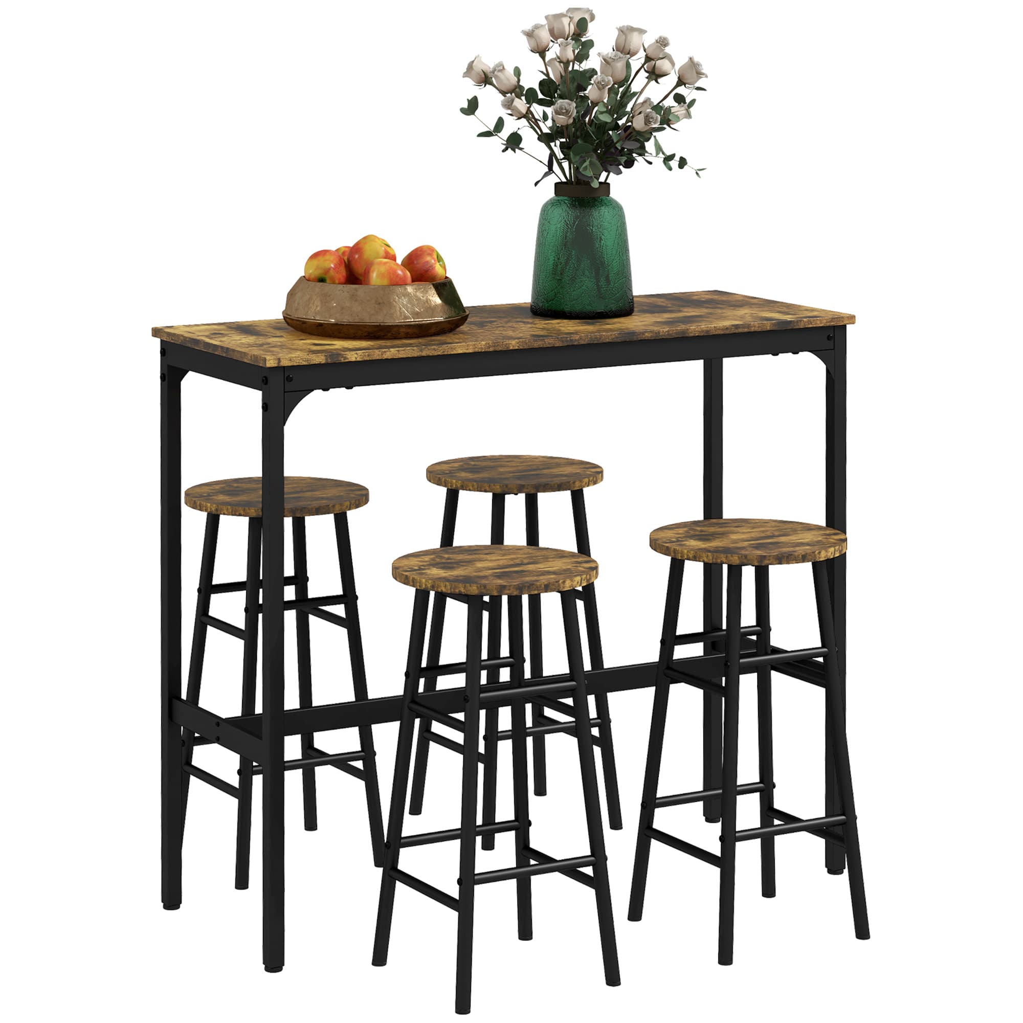 HOMCOM 5 Piece Bar Table Set with 4 Stools, Industrial Bar Table and Stool Set, Dining Table and Chair Set, Rustic Brown | Aosom UK
