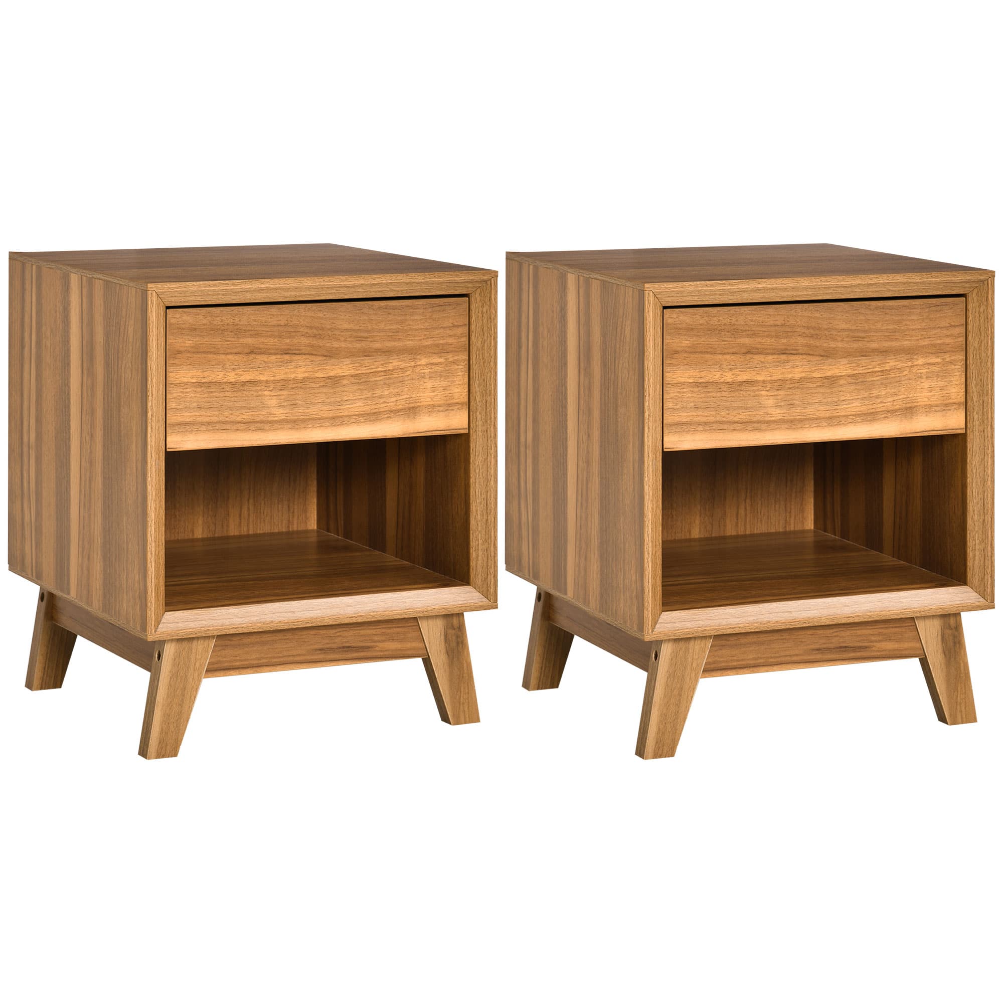 HOMCOM Nightstand Pair: Contemporary End Tables with Drawer & Shelf, Living Room Accent, Set of 2, Walnut Brown | Aosom UK