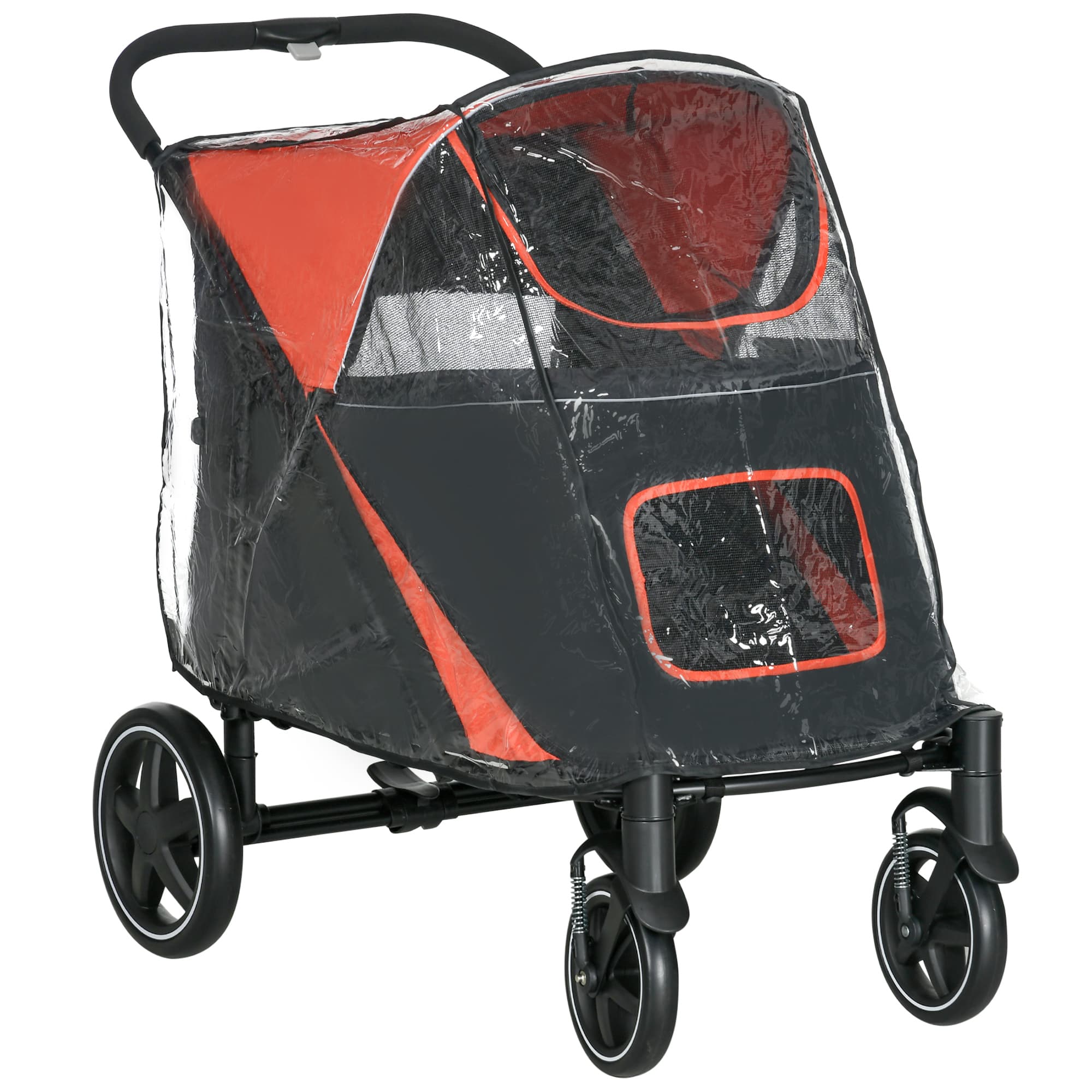 PawHut One-Click Foldable Pet Travel Stroller with Rain Cover, Cat Dog Pushchair with Front Wheels, Shock Absorber, Storage Bags, Mesh