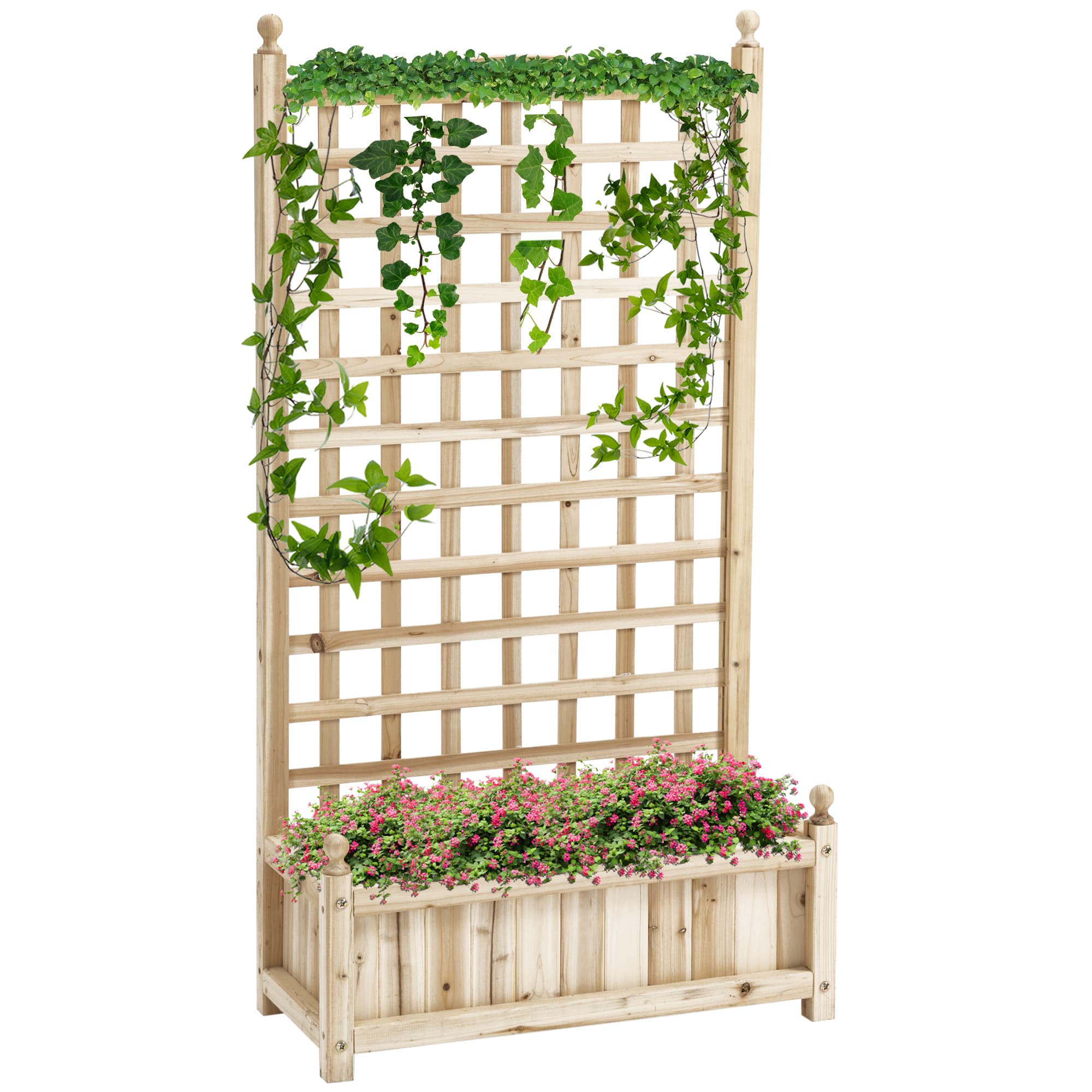 Outsunny Planter with Trellis for Climbing Vines, Wood Raised Beds for Flower, Indoor Outdoor, 58W x 21.5D x 15Hcm, Natural | Aosom UK
