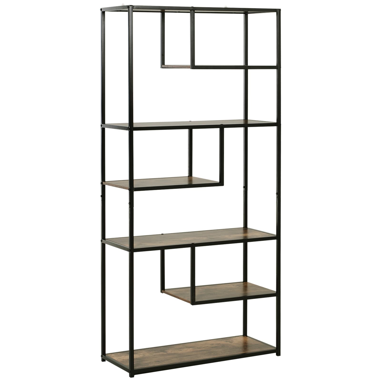 HOMCOM Wood Shelf Bookcase Industrial Style Stand 6-Staggered Shelf Living Room Display Rack Organiser | Aosom UK