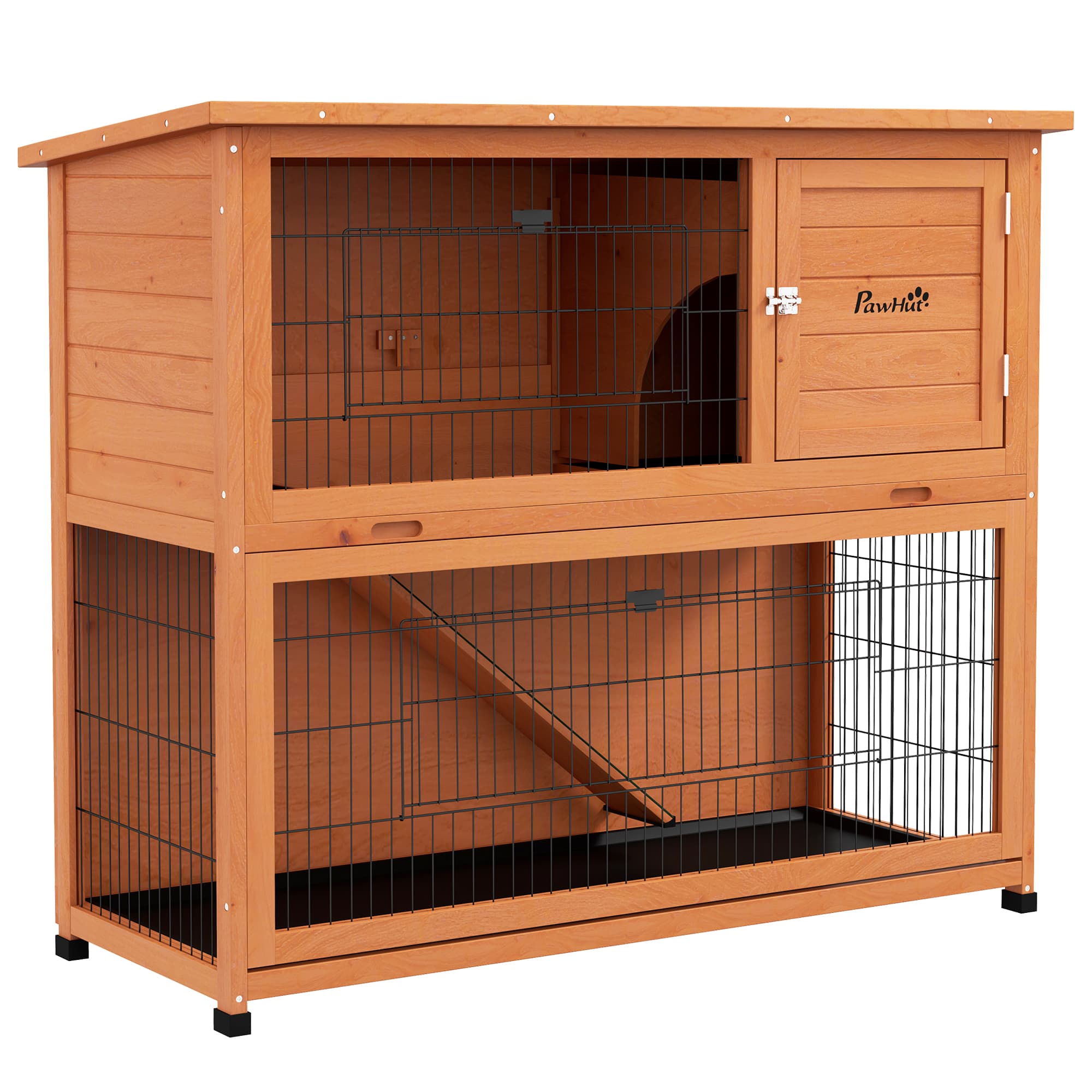 PawHut 2 Tier Antiseptic Wood Rabbit Hutch with Run Outdoor Orange | Aosom UK