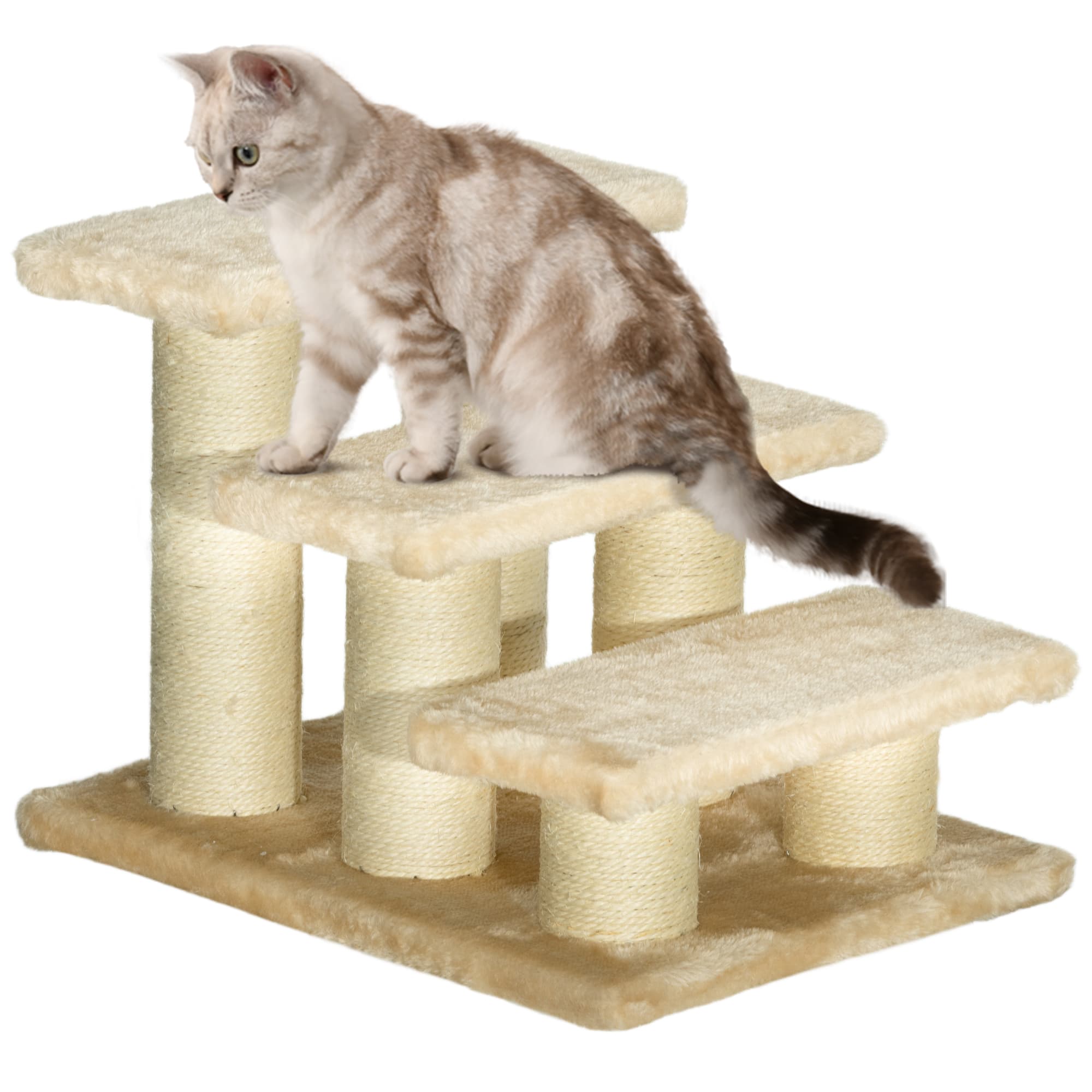 PawHut Pet Steps, 3-Step Climber Ladder for Cats & Dogs, Plush Surface, Portable for Older Animals Assistance, Cream | Aosom UK