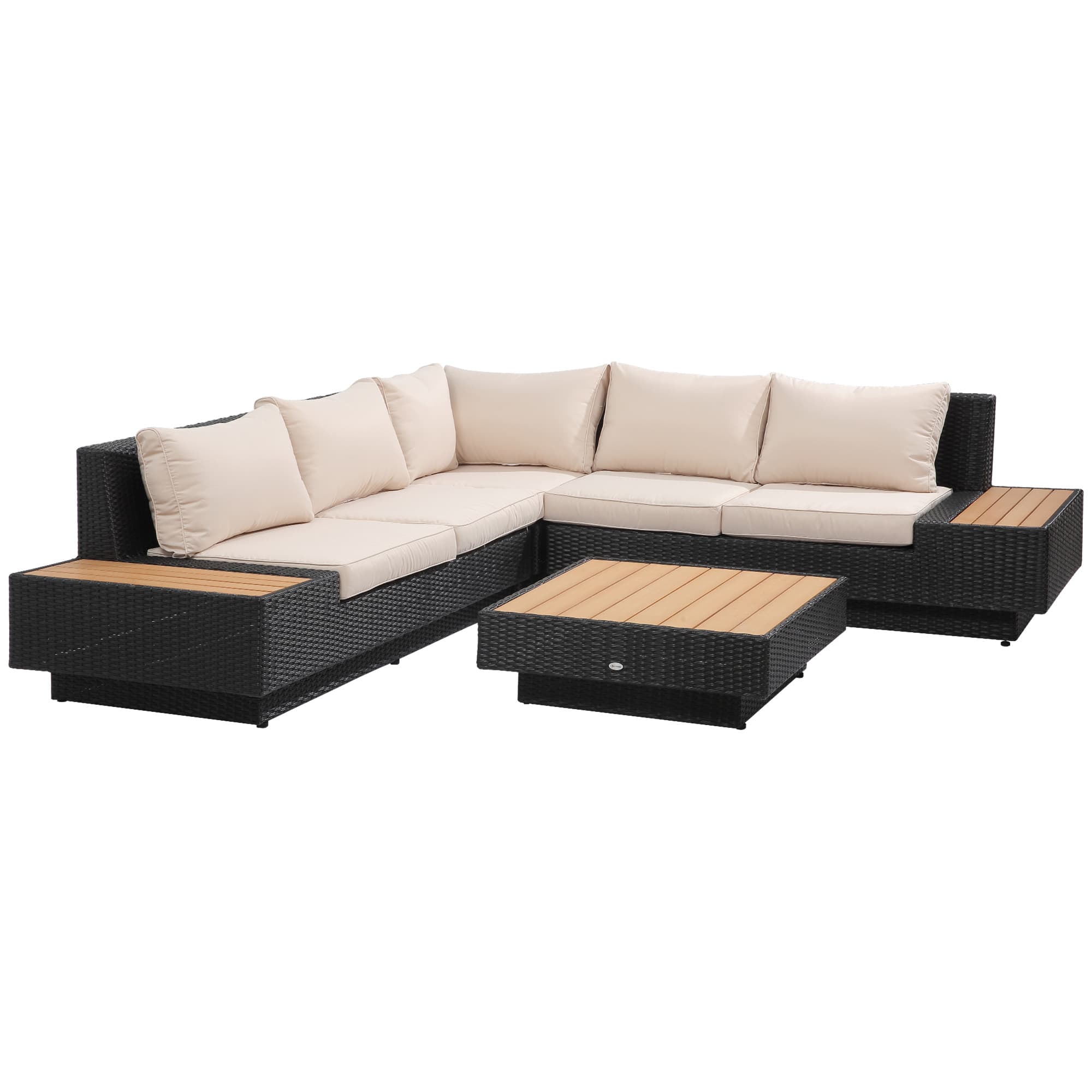 Outsunny 5-Seater Rattan Garden Furniture Outdoor Sectional Corner Sofa and Coffee Table Set  Conservatory Wicker Weave w/ Armrest and Cushions, Black