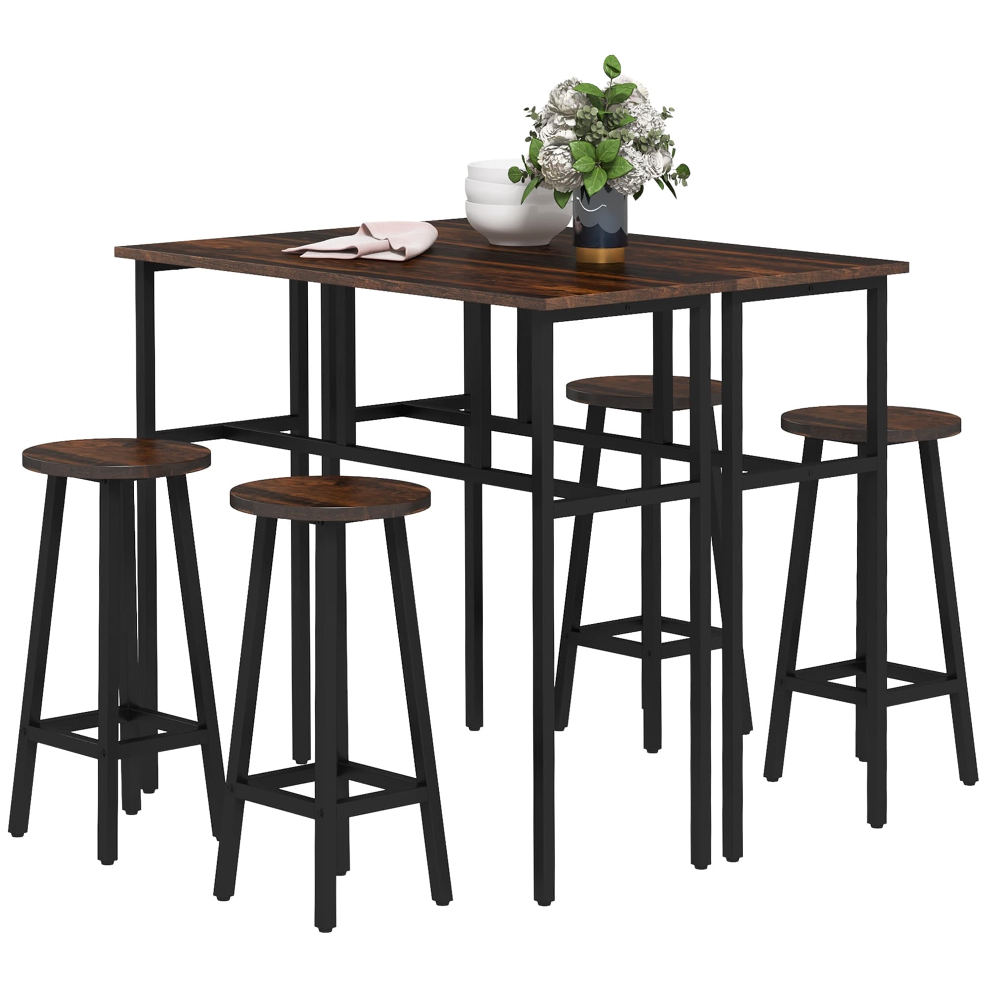 HOMCOM Bar Table and Stools, 2 Breakfast Tables w/ 4 Stools, Counter Height Dining Tables & Chairs for Kitchen, Living Room, Rustic Brown | Aosom UK