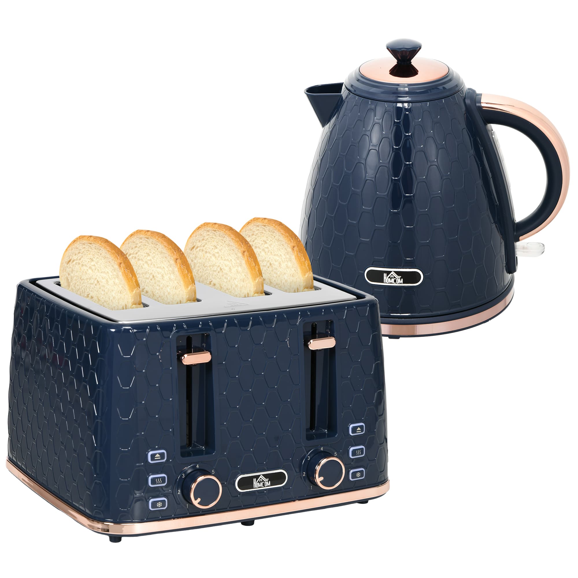 HOMCOM Kettle and Toaster Set, 1.7L Fast Boil 3000W Jug Kettle with 4 Slice Toaster, 7 Browning Levels, Blue | Aosom UK